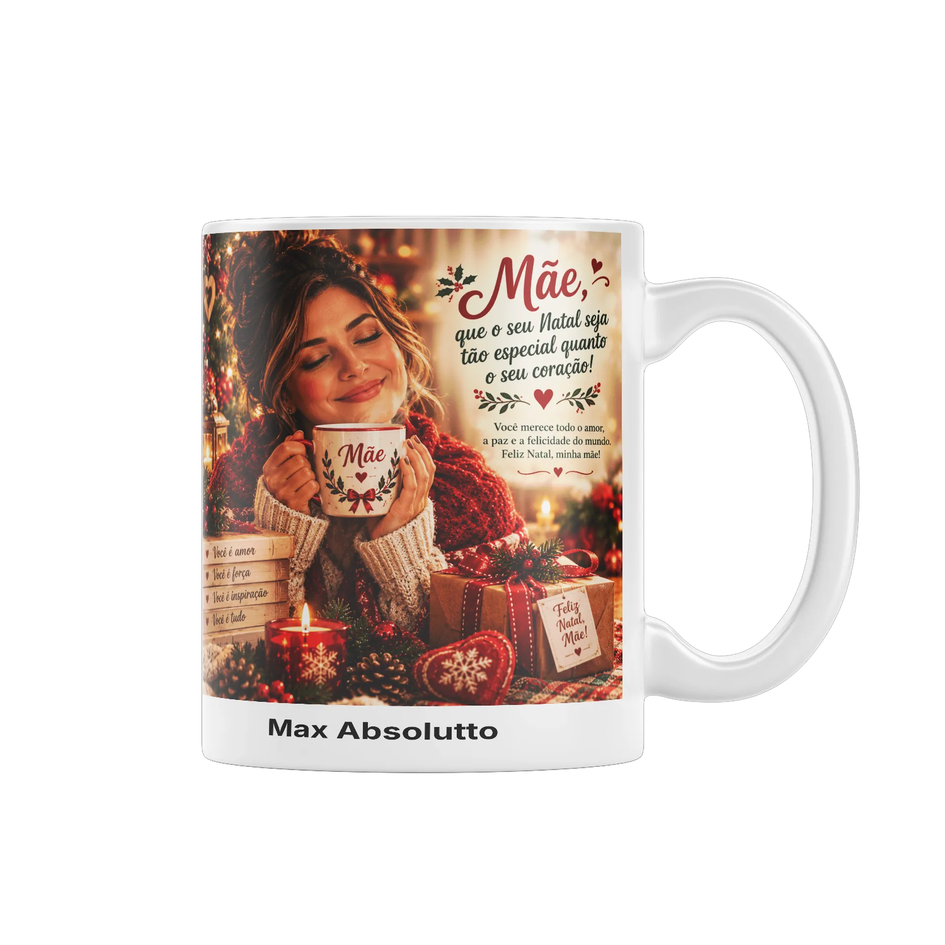 Caneca Porcelana Mãe e Natal Estampa Vermelha e Verde 325ml - Imagem 1