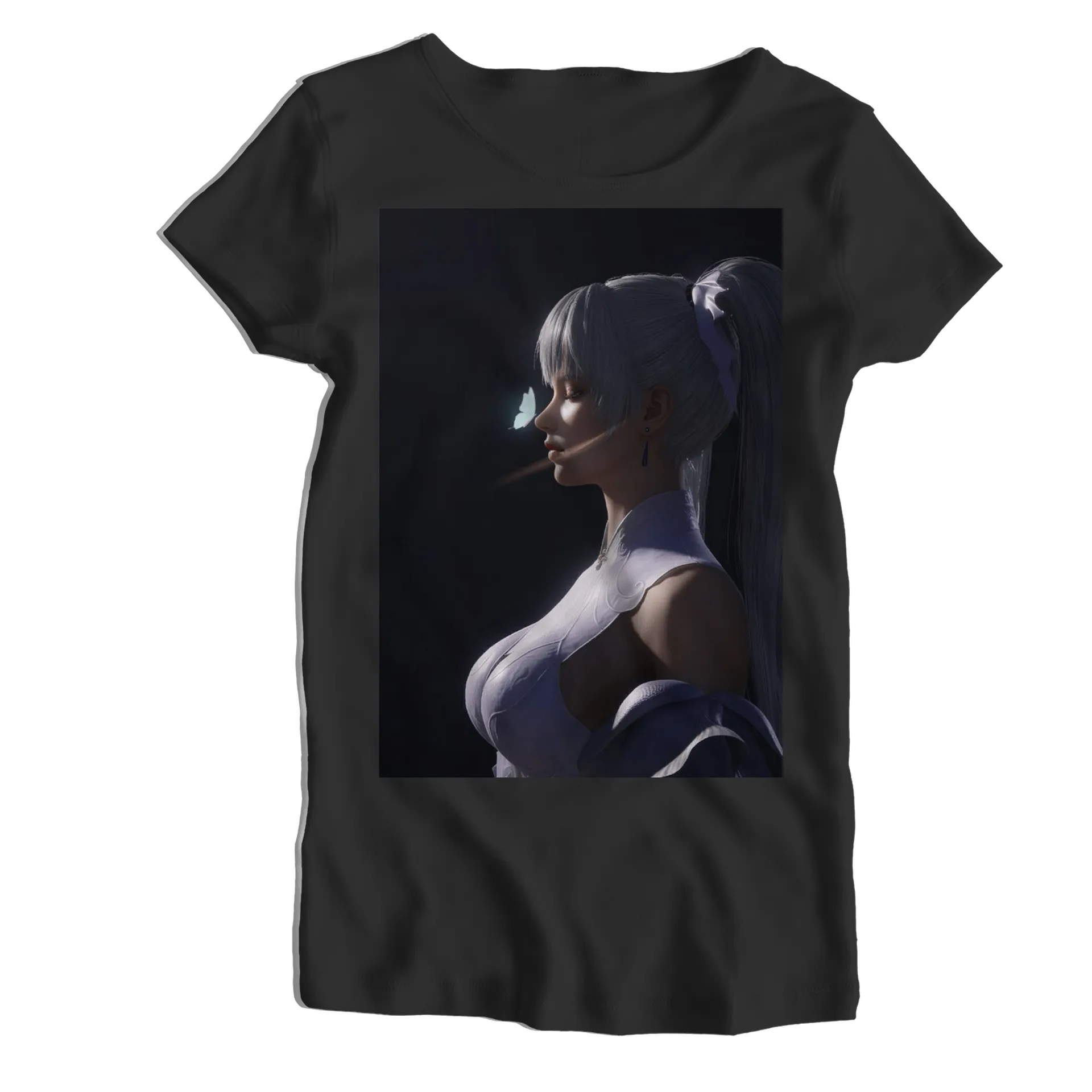 Camiseta Babylook Mulher de Cabelo Prateado e Borboleta - Imagem 1