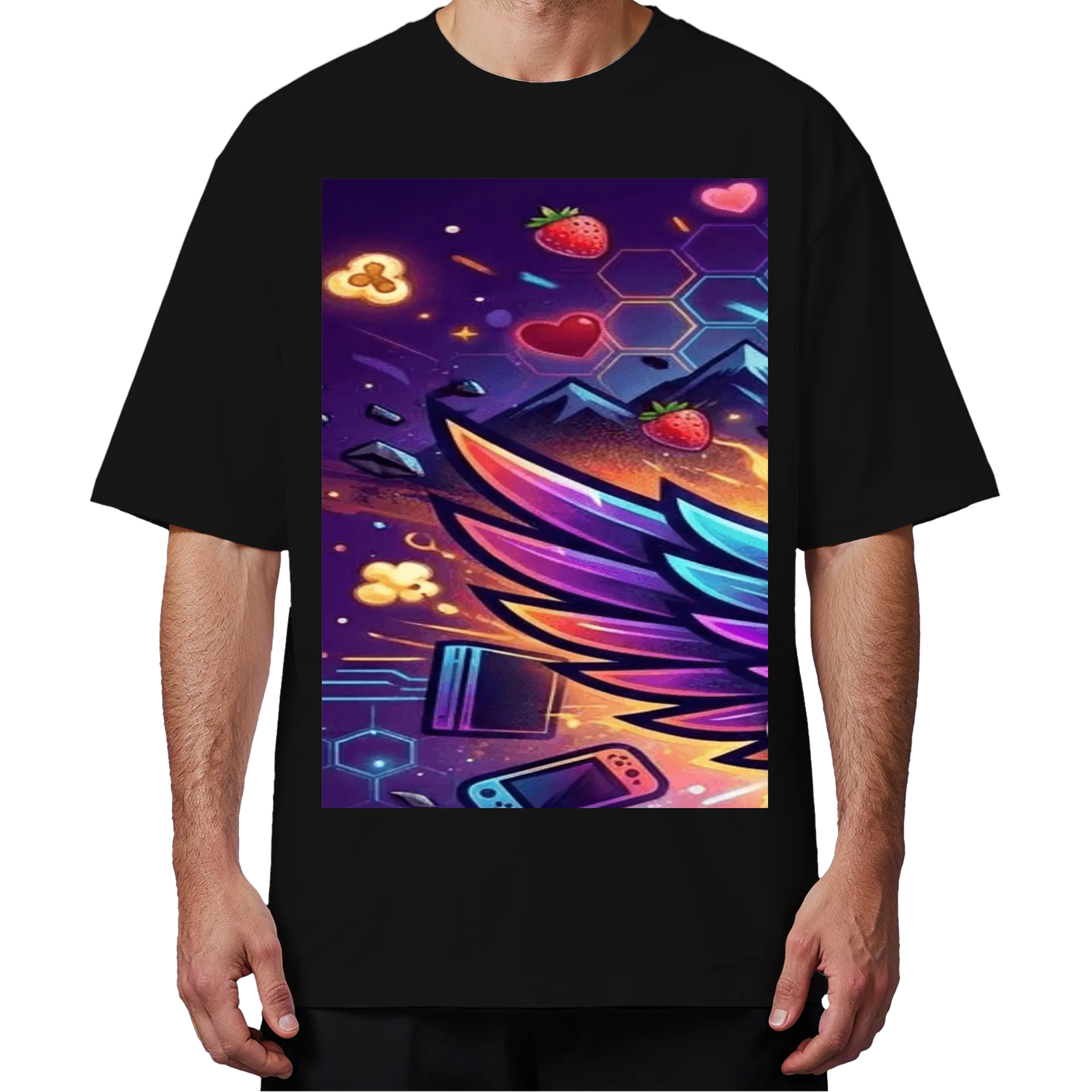 Camiseta Oversized Controle de Videogame Morangos Roxos e - Imagem 4