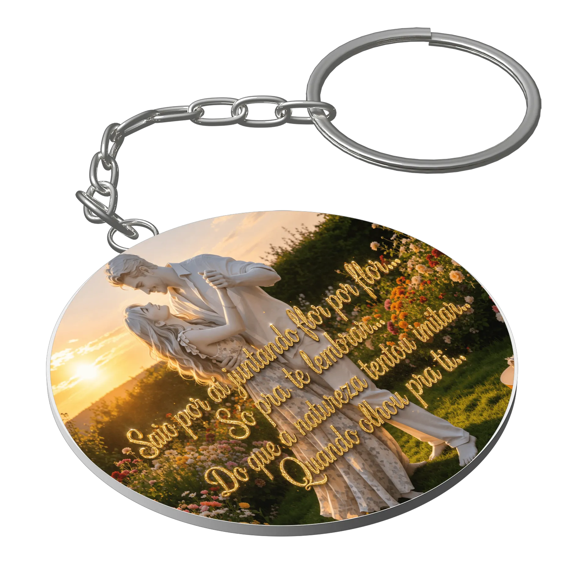 Chaveiro MDF Romance Jardim Dourado Estampa Texto - Imagem 1