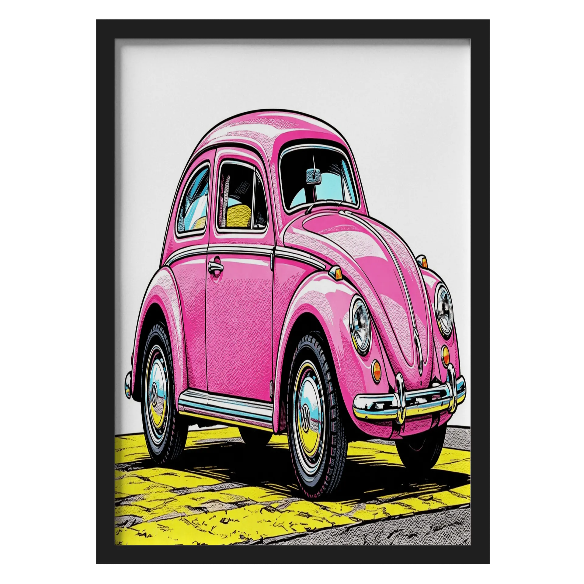 Quadro Carro Volksvagen Fusca Rosa A3 com Vidro MDF e Vidro - Imagem 1