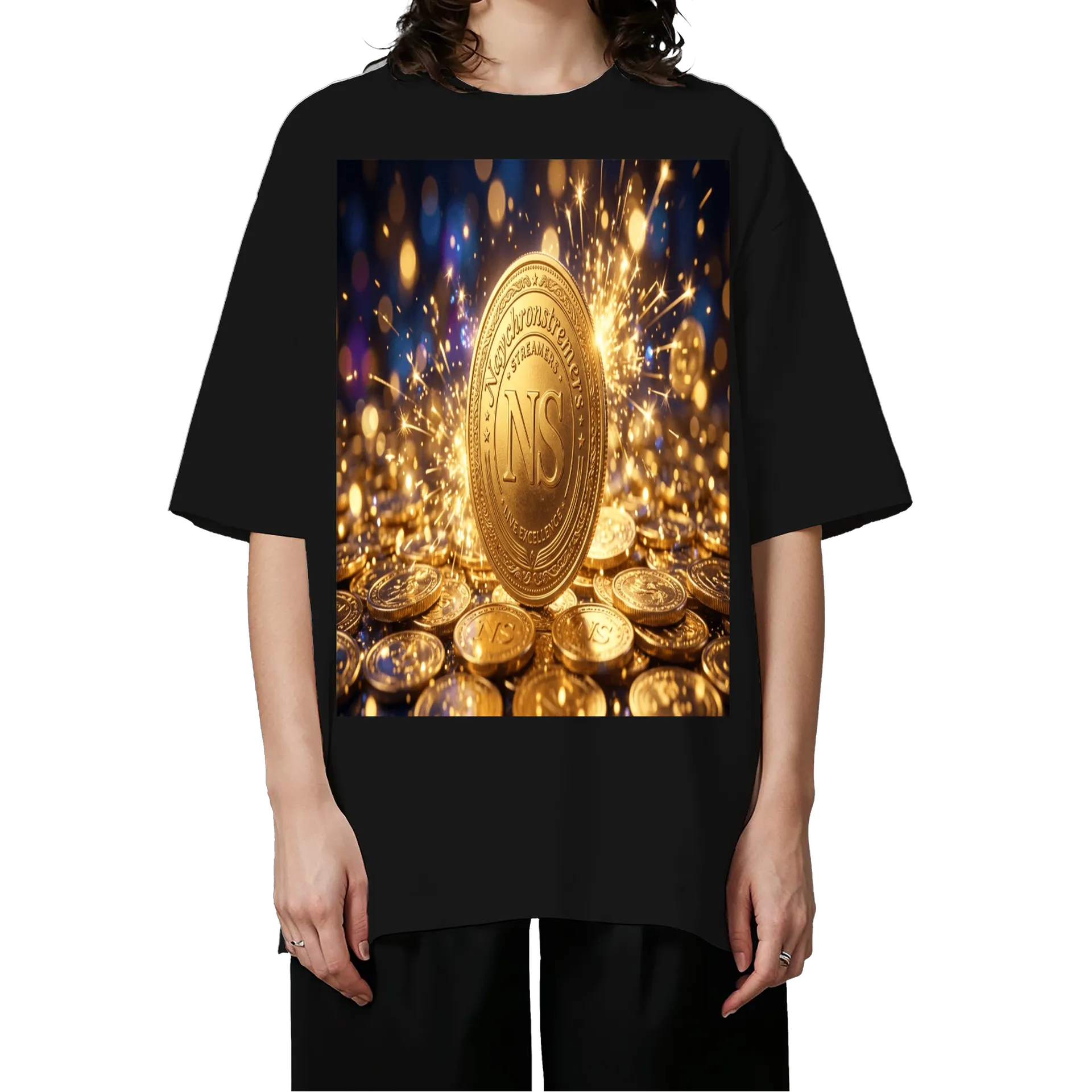 Camiseta Oversized Moeda NS Dourada com Tipografia Streamers - Imagem 3