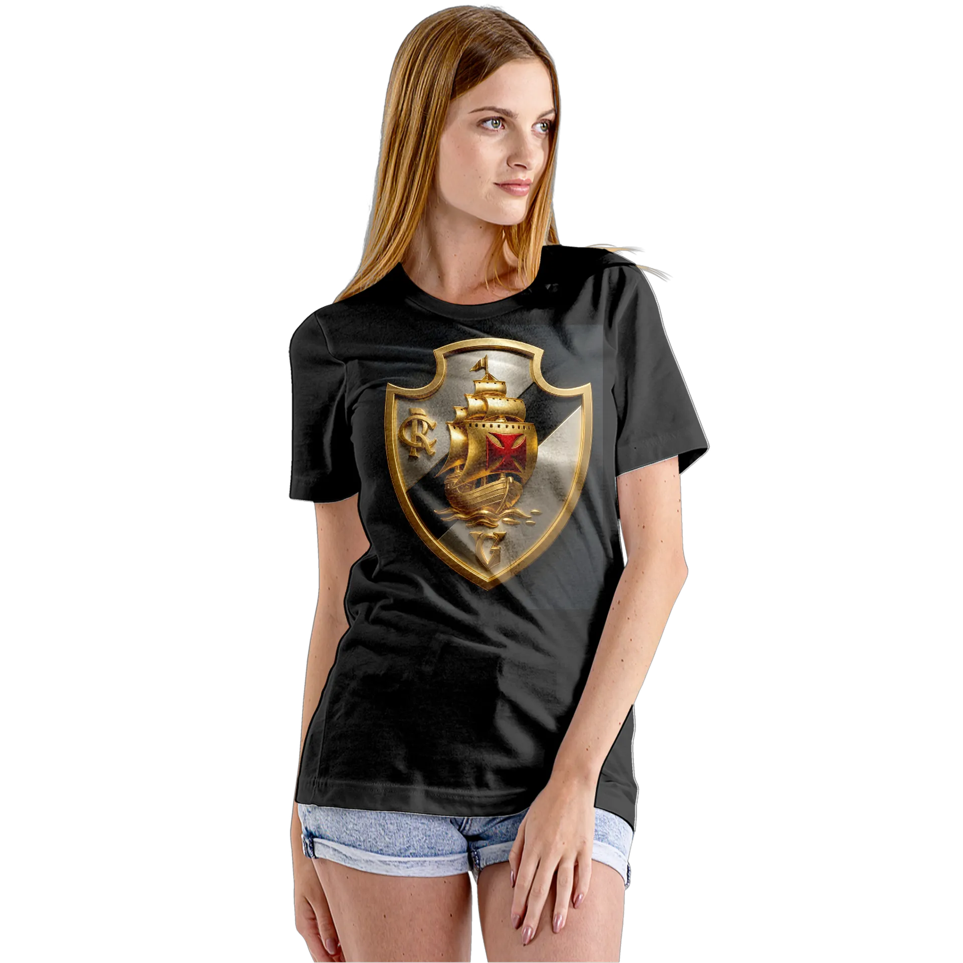 Camiseta Babylook Brasão com Navio Dourado 100% Algodão - Imagem 5