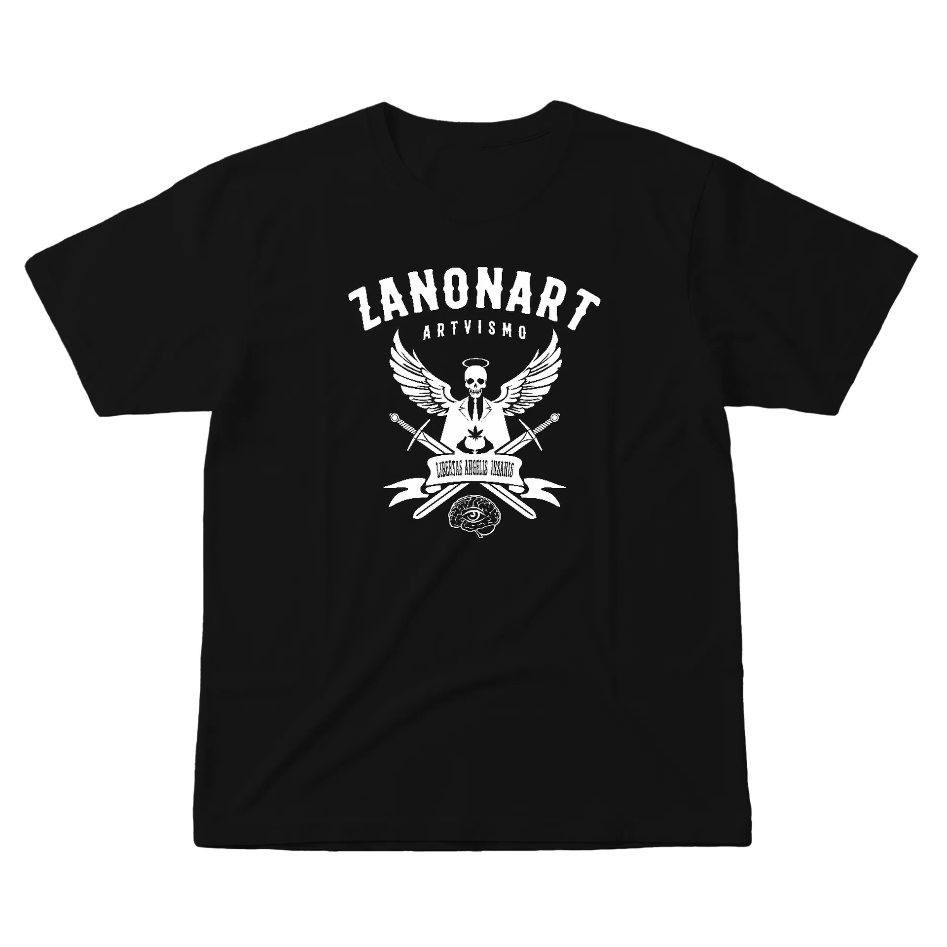 Camiseta Estampa Skull com Asas 100% Algodão Preto - Imagem 1