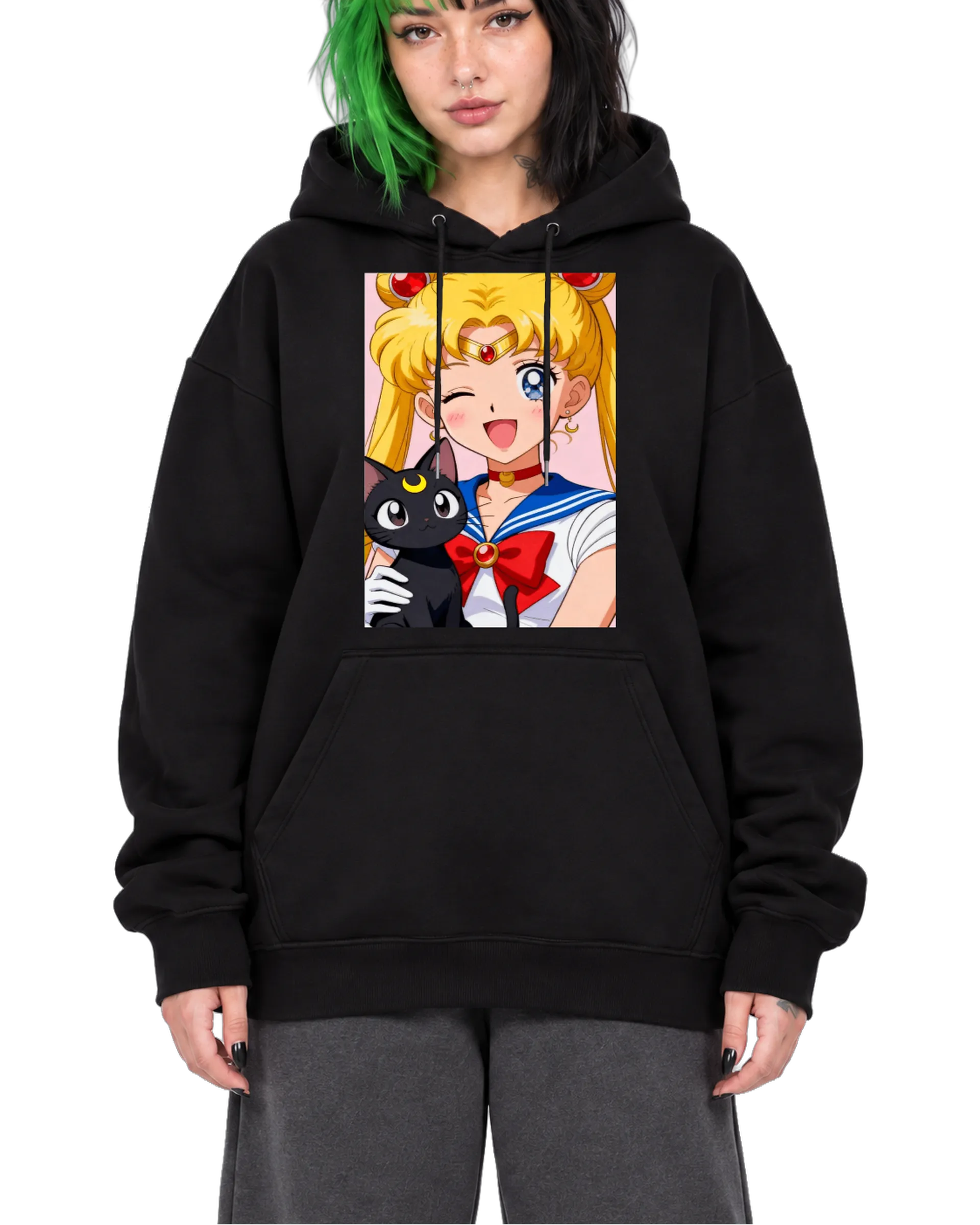 Blusa Moletom Sailor Moon com Gato Preto Anime Canguru - Imagem 1