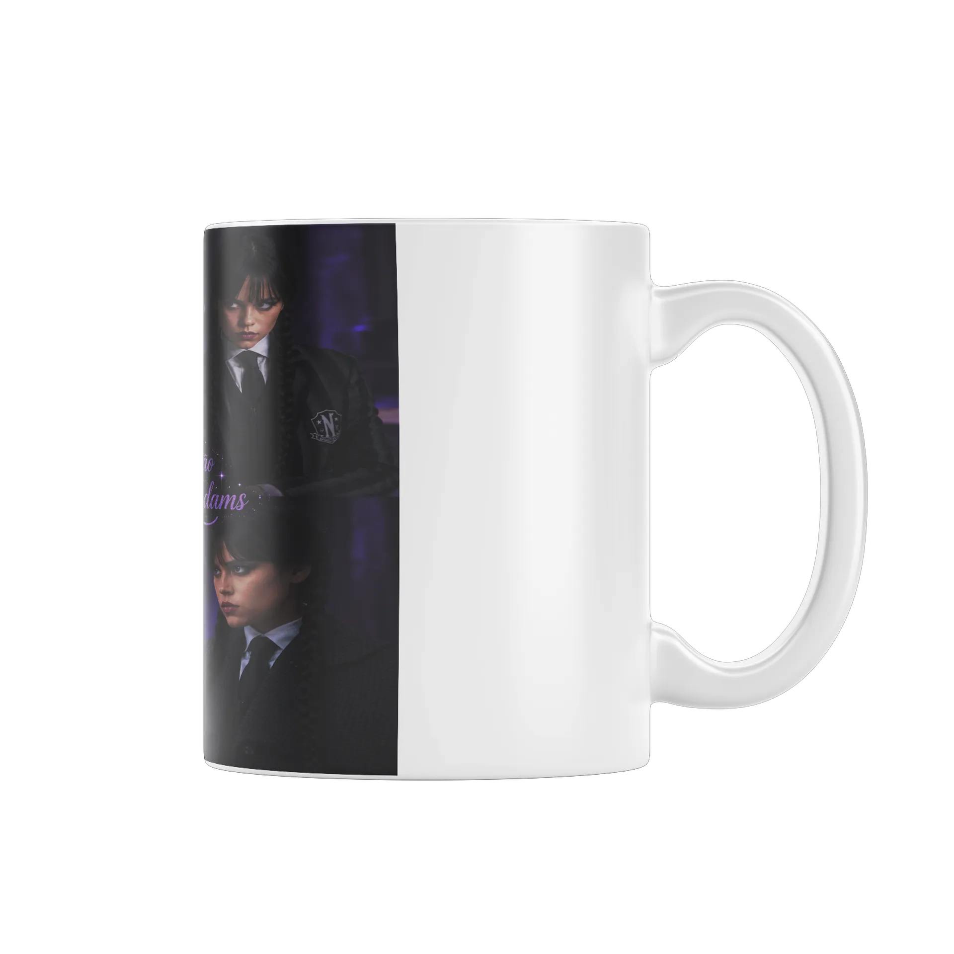 Caneca Cosplay Wandinha Addams Colagem com Texto Roxo 325ml - Imagem 1