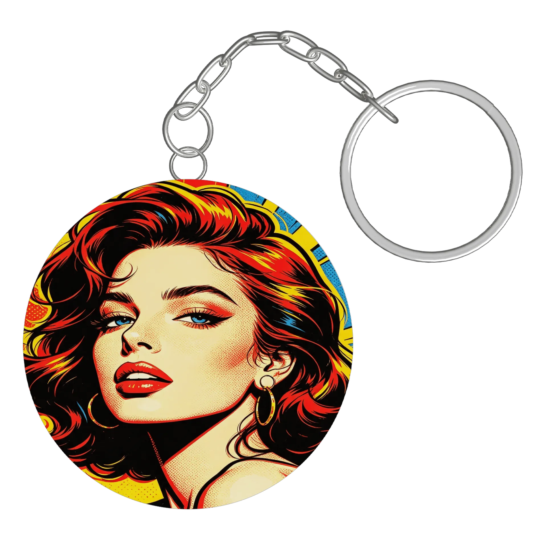Chaveiro MDF Retrato Pop Art Mulher Vermelha Amarela - Imagem 3