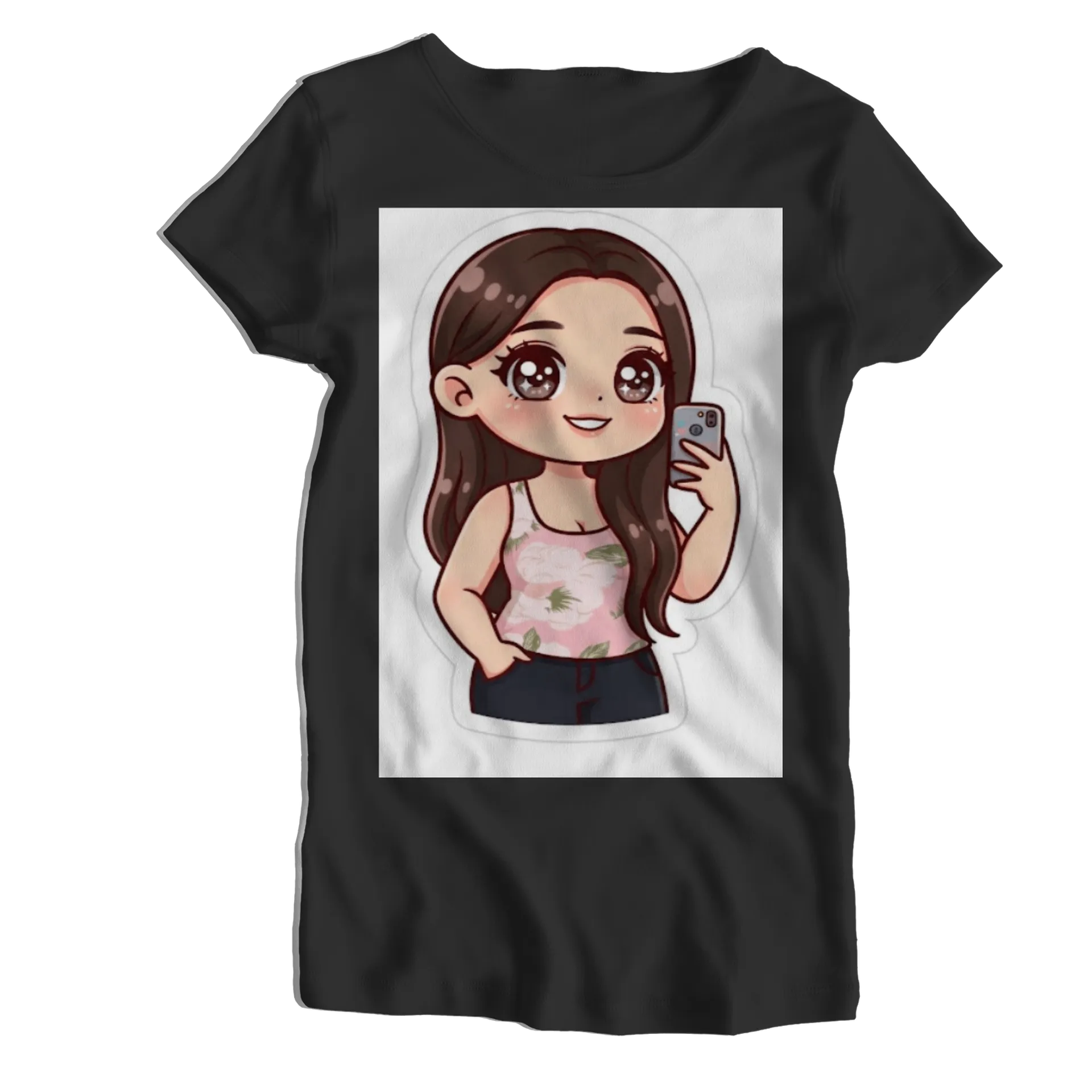 Camiseta Babylook Garota Cartoon com Celular 100% Algodão - Imagem 1