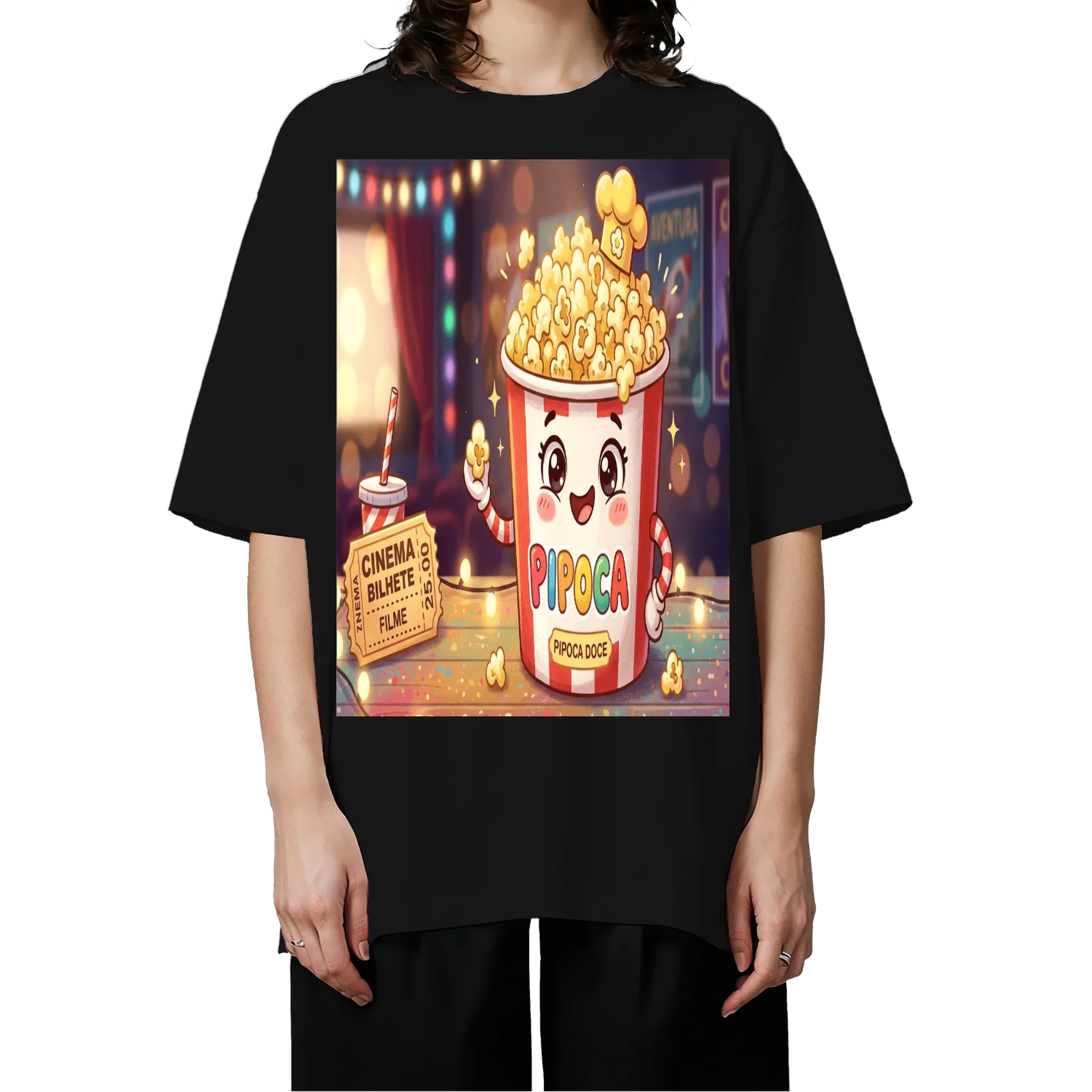 Camiseta Oversized Pipoca Doce Cartoon Cinema Colorido 50% - Imagem 3