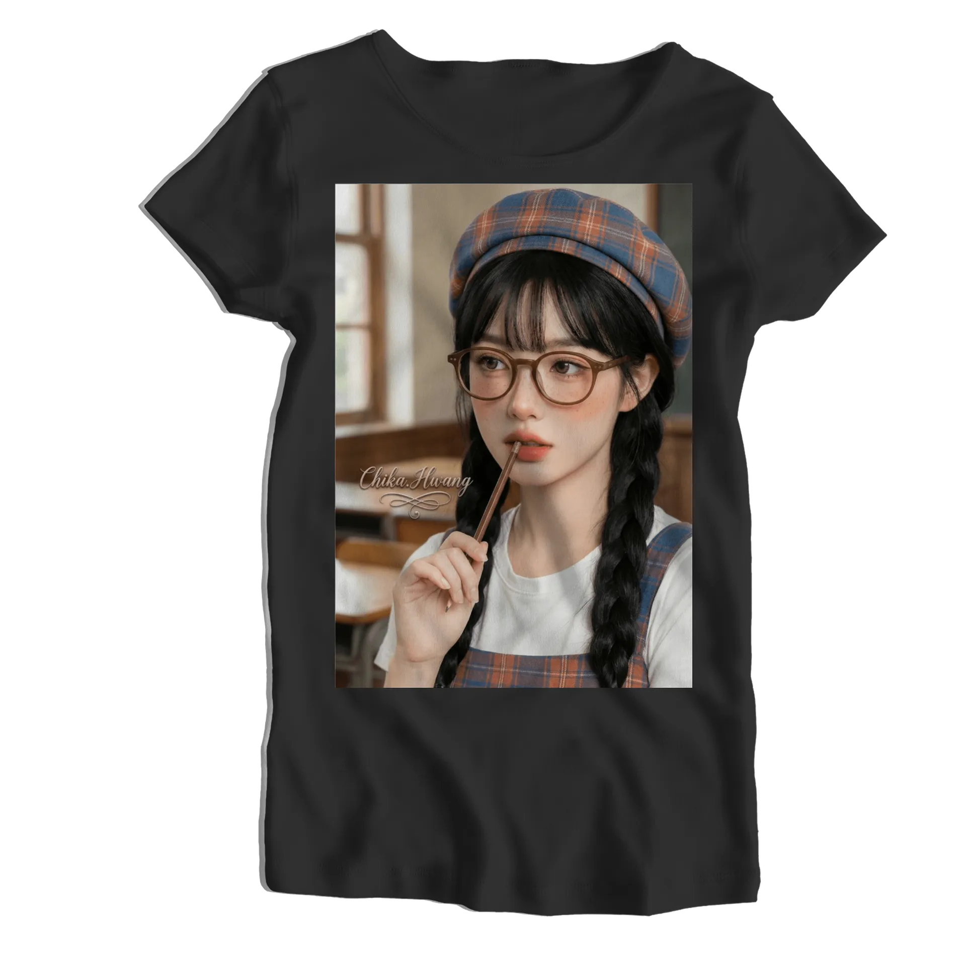 Camiseta Babylook Retrato Ilustrado Chika Hwang Xadrez - Imagem 1