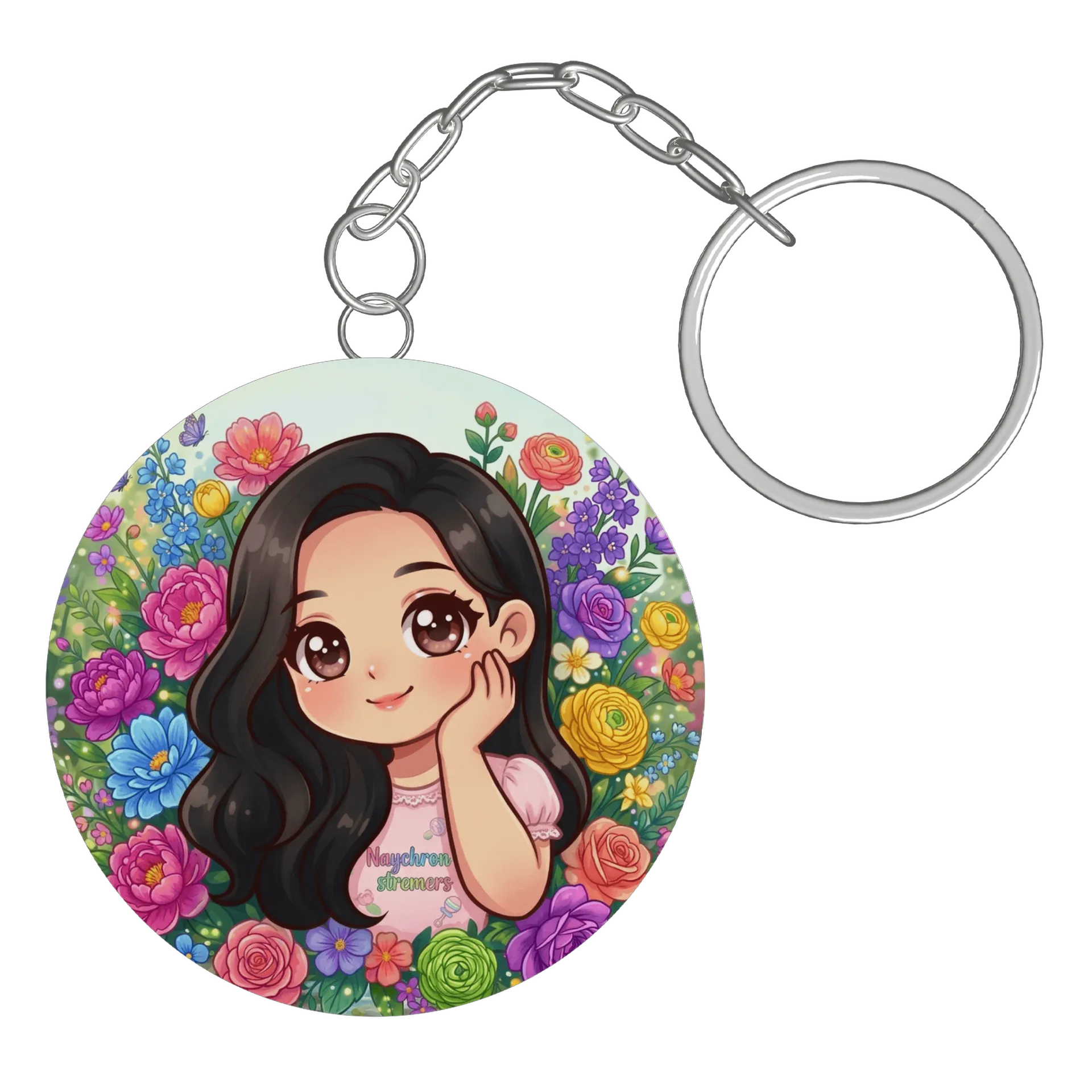 Chaveiro MDF Menina Cartoon Flores Coloridas 'Naychron - Imagem 2