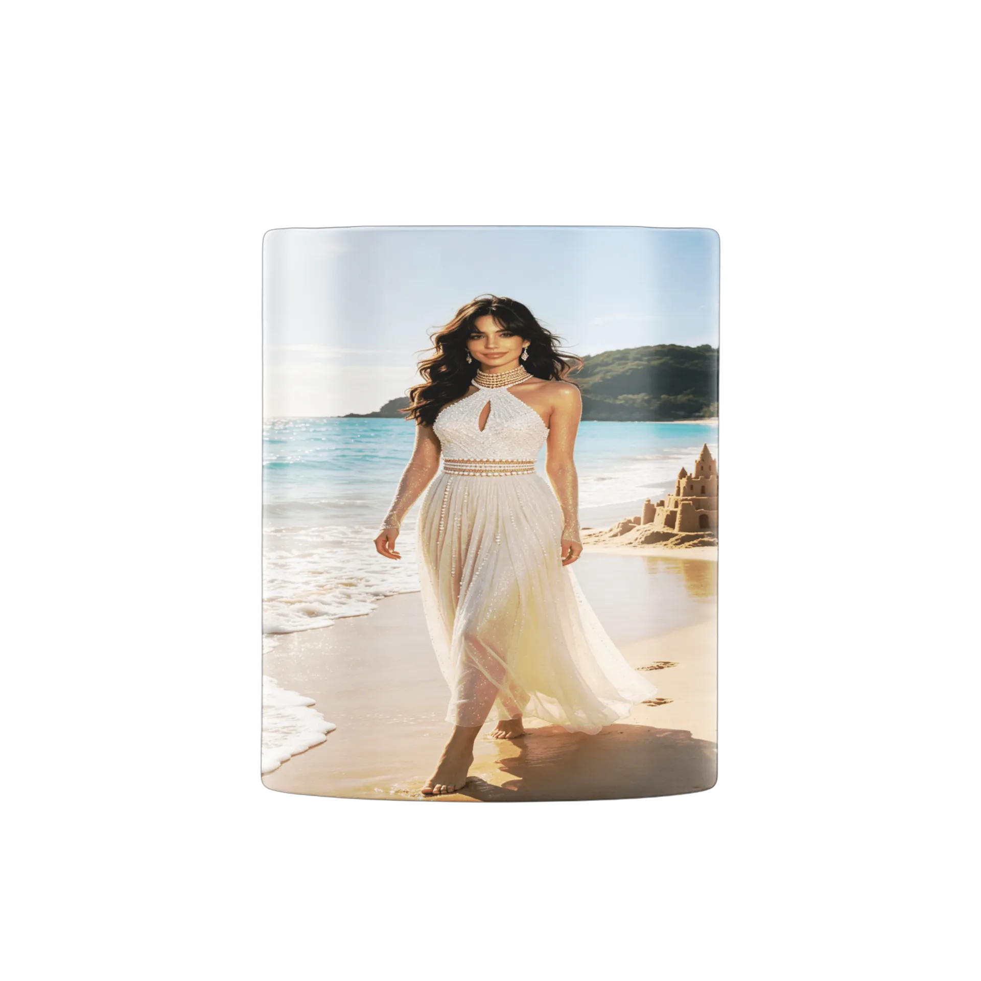Caneca Porcelana Mulher Praia Colar Brilho 325ml - Imagem 3