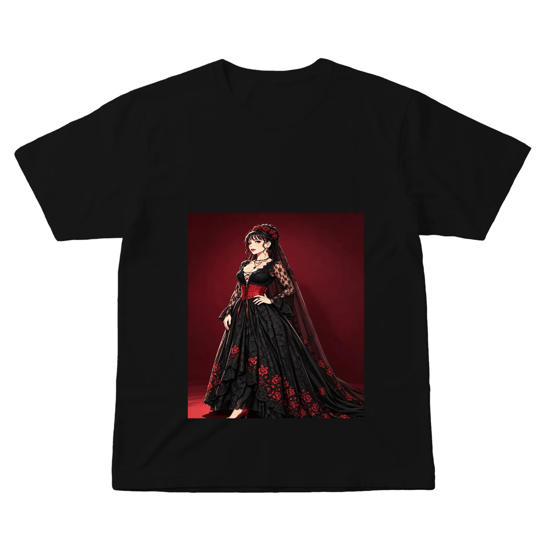 Camiseta Fantasia Negra Com Rosas Vermelhas 100% Algodão - Imagem 1