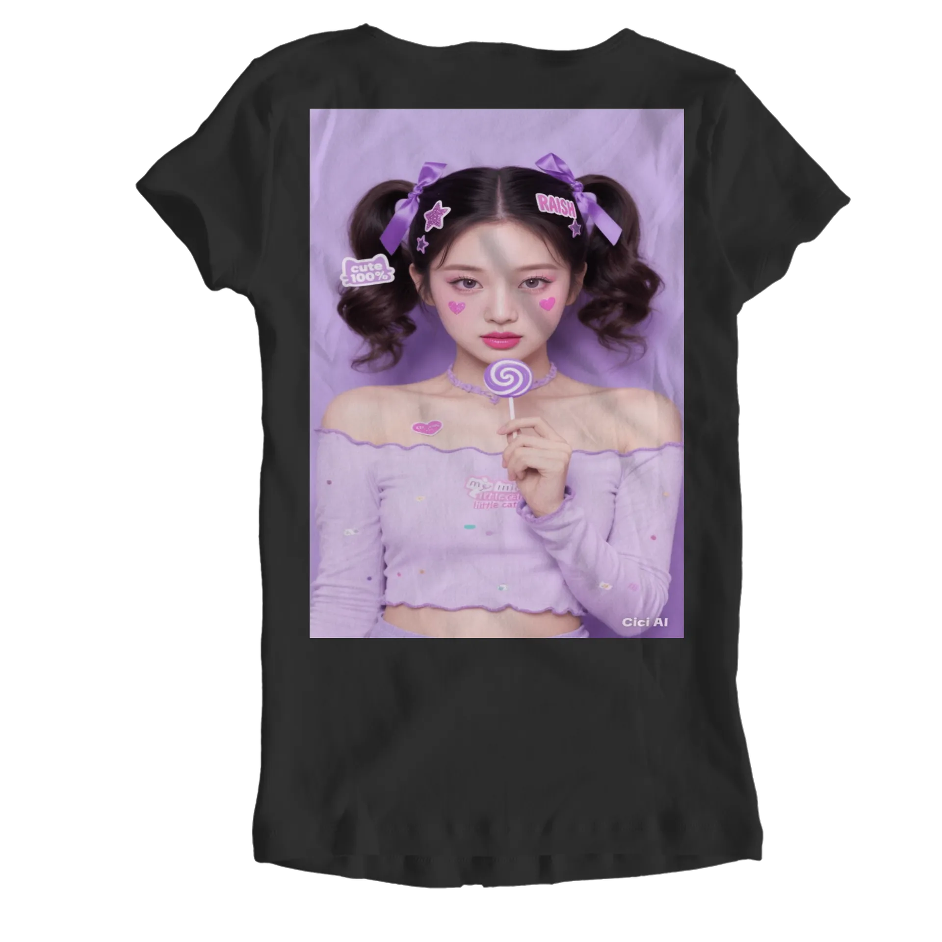 Camiseta Babylook Retrato Pop Laços Roxos 100% Algodão - Imagem 2