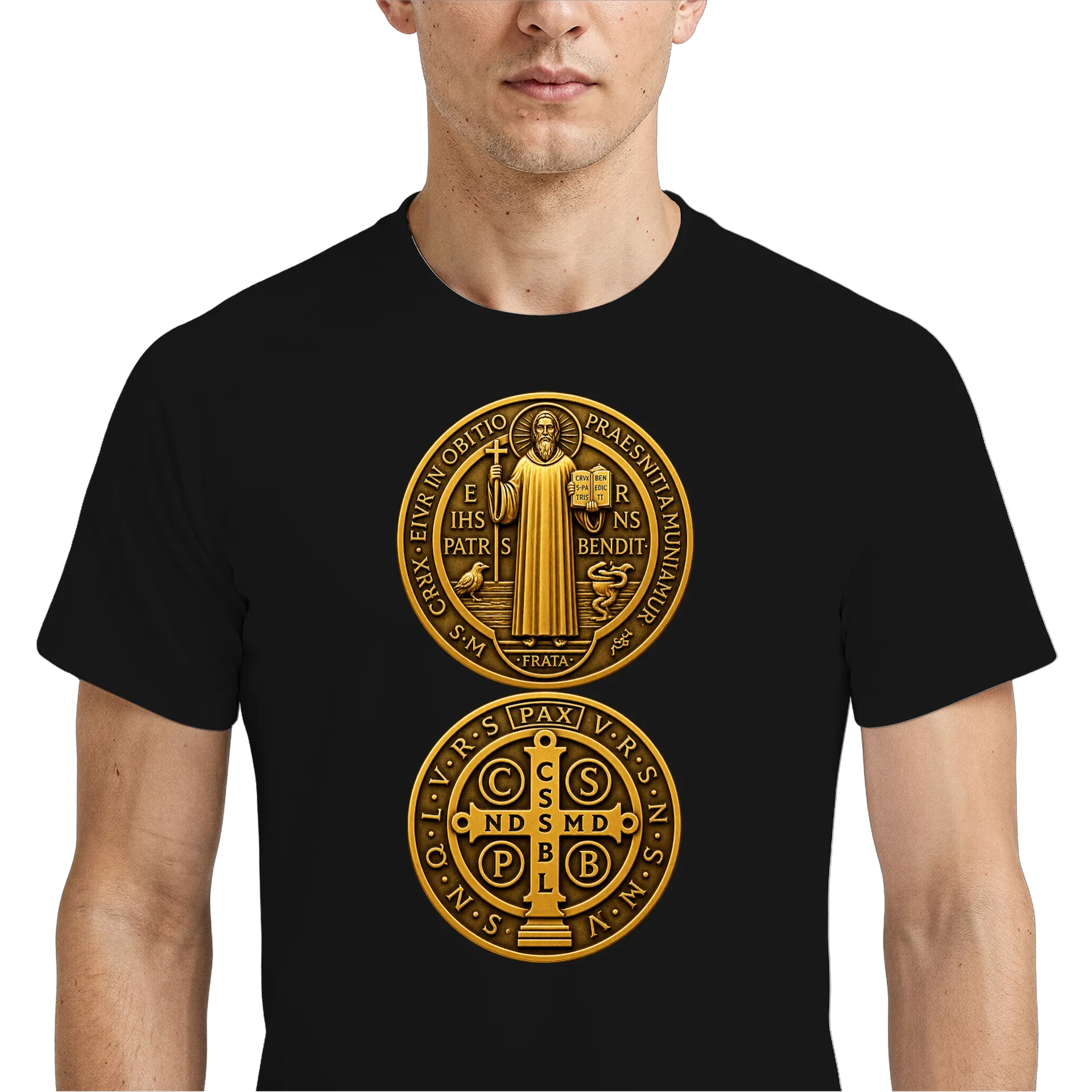 Camiseta Dry Fit Medalha de São Bento Dourada Monocromática - Imagem 4