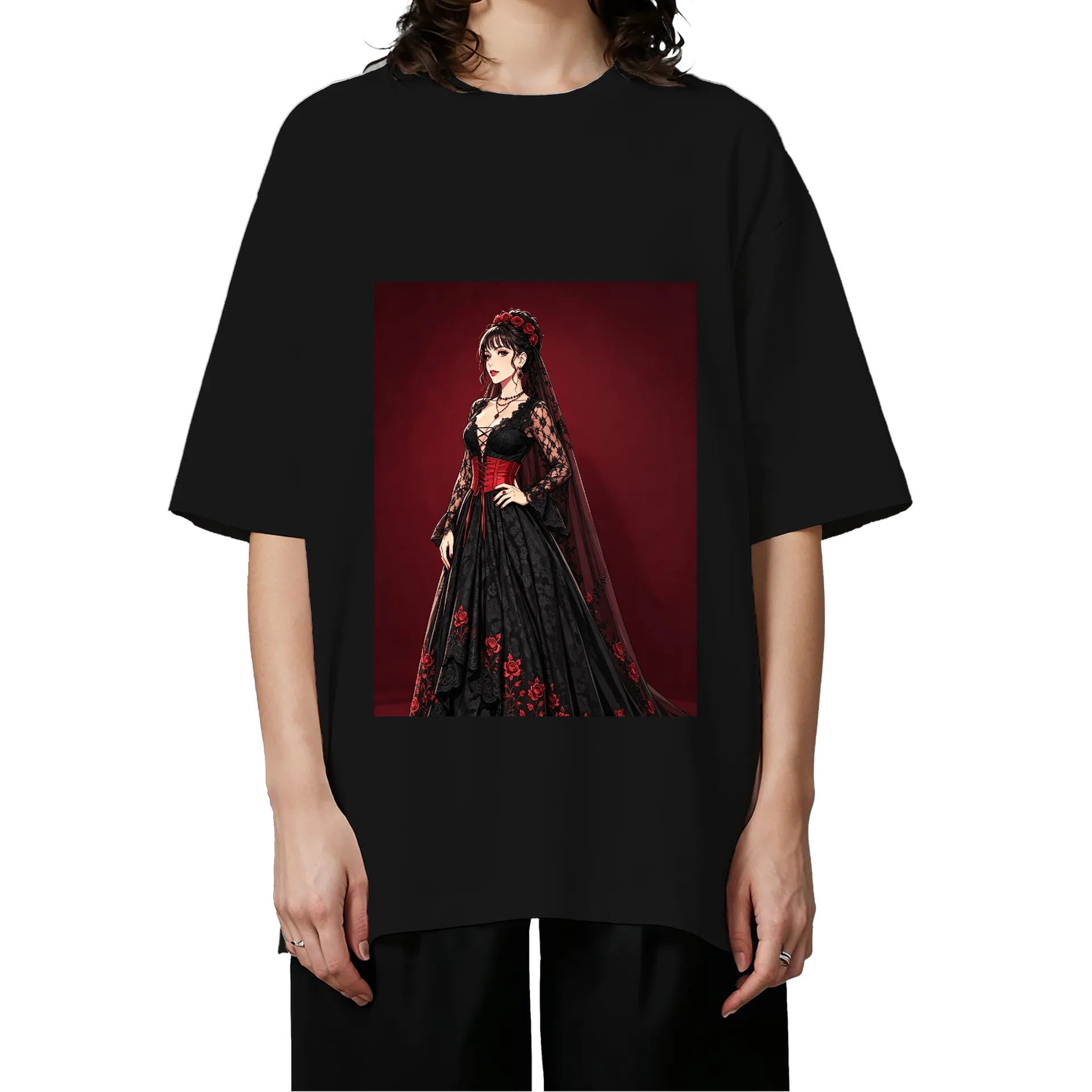 Camiseta Oversized Vestido gótico vermelho e preto 100% - Imagem 3