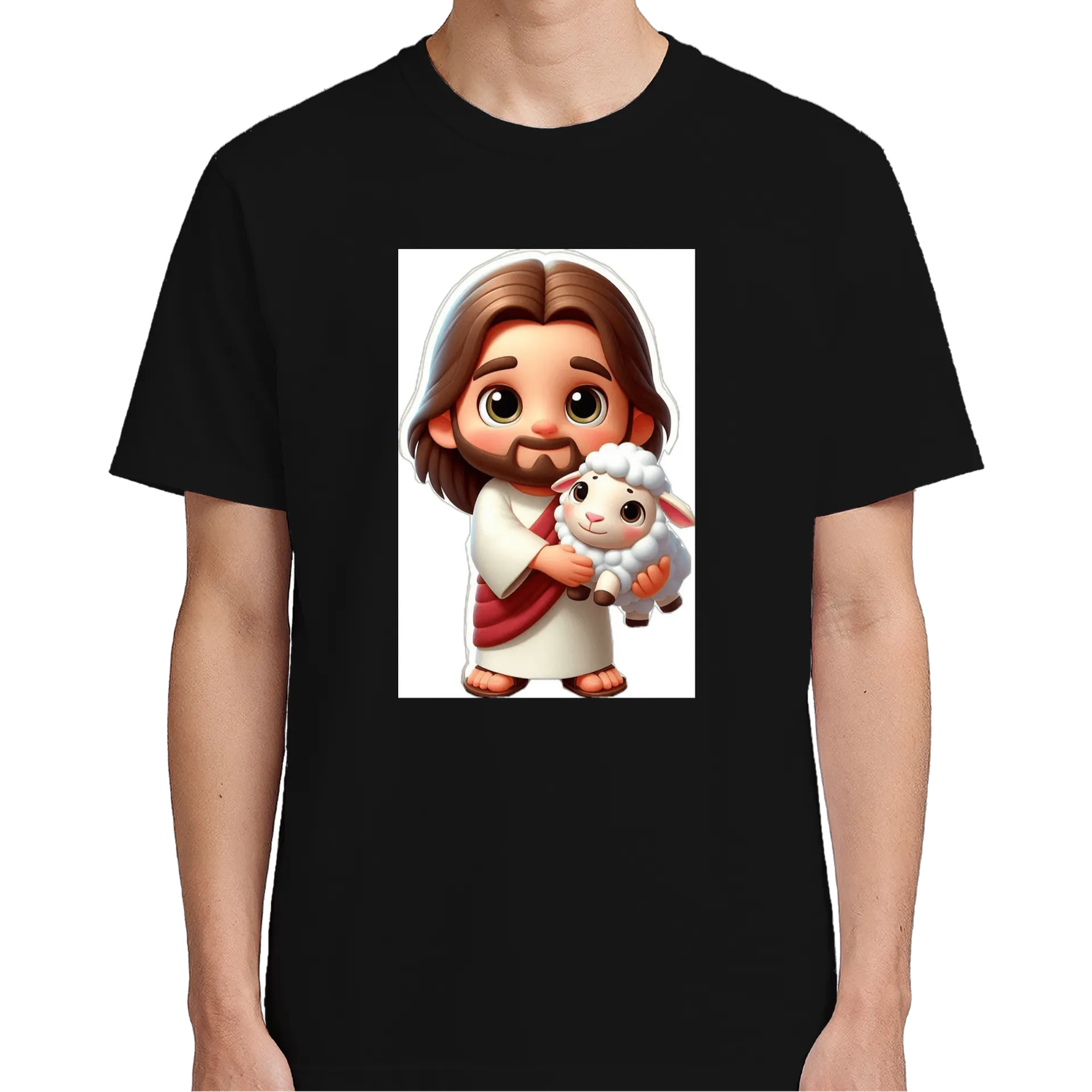Camiseta Jesus com Ovelha Estilo Cartoon 100% Algodão de https://bugbug.com.br — imagem 4 de 6