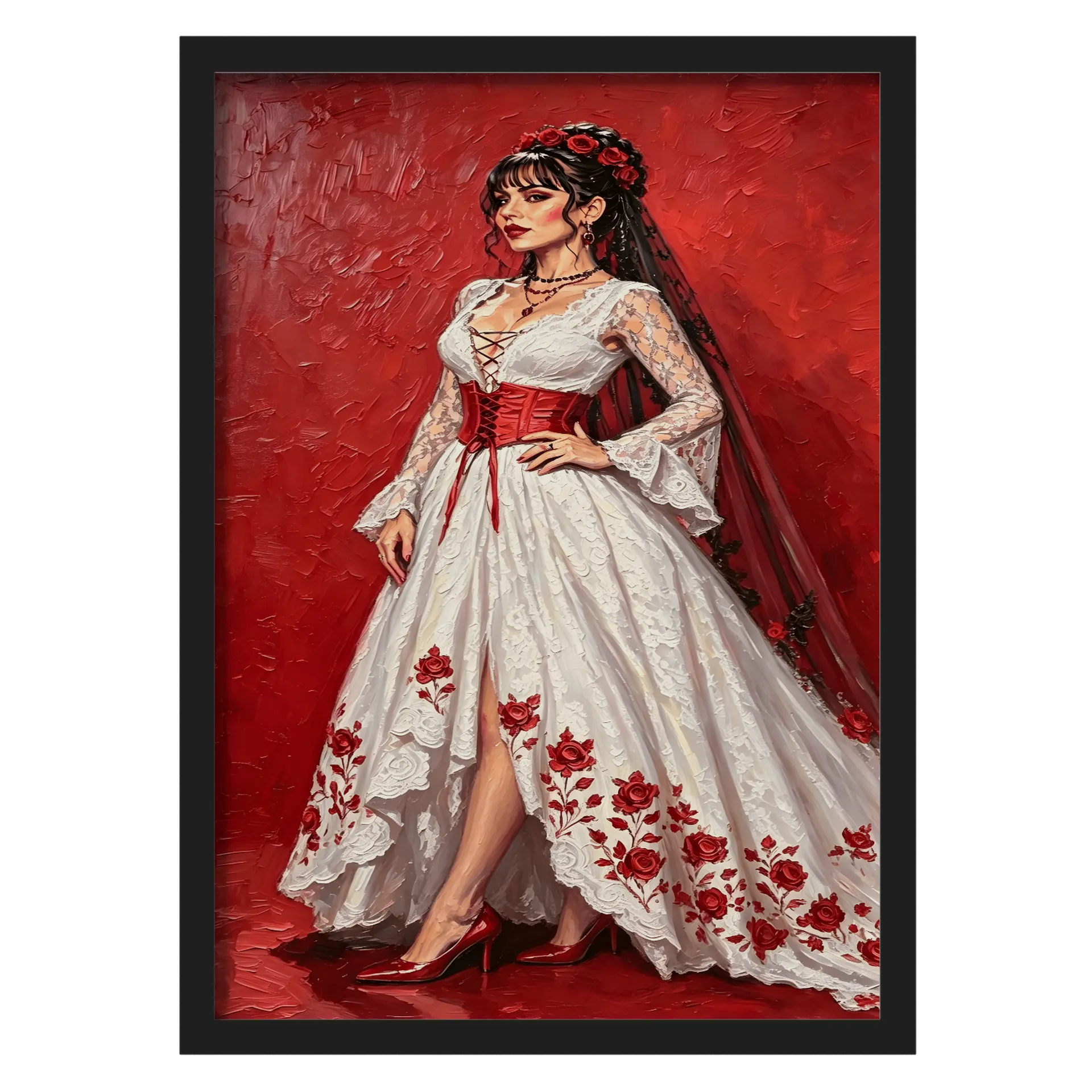 Quadro Princesa Romântica Casamento Vermelho A3 e Moldura - Imagem 1