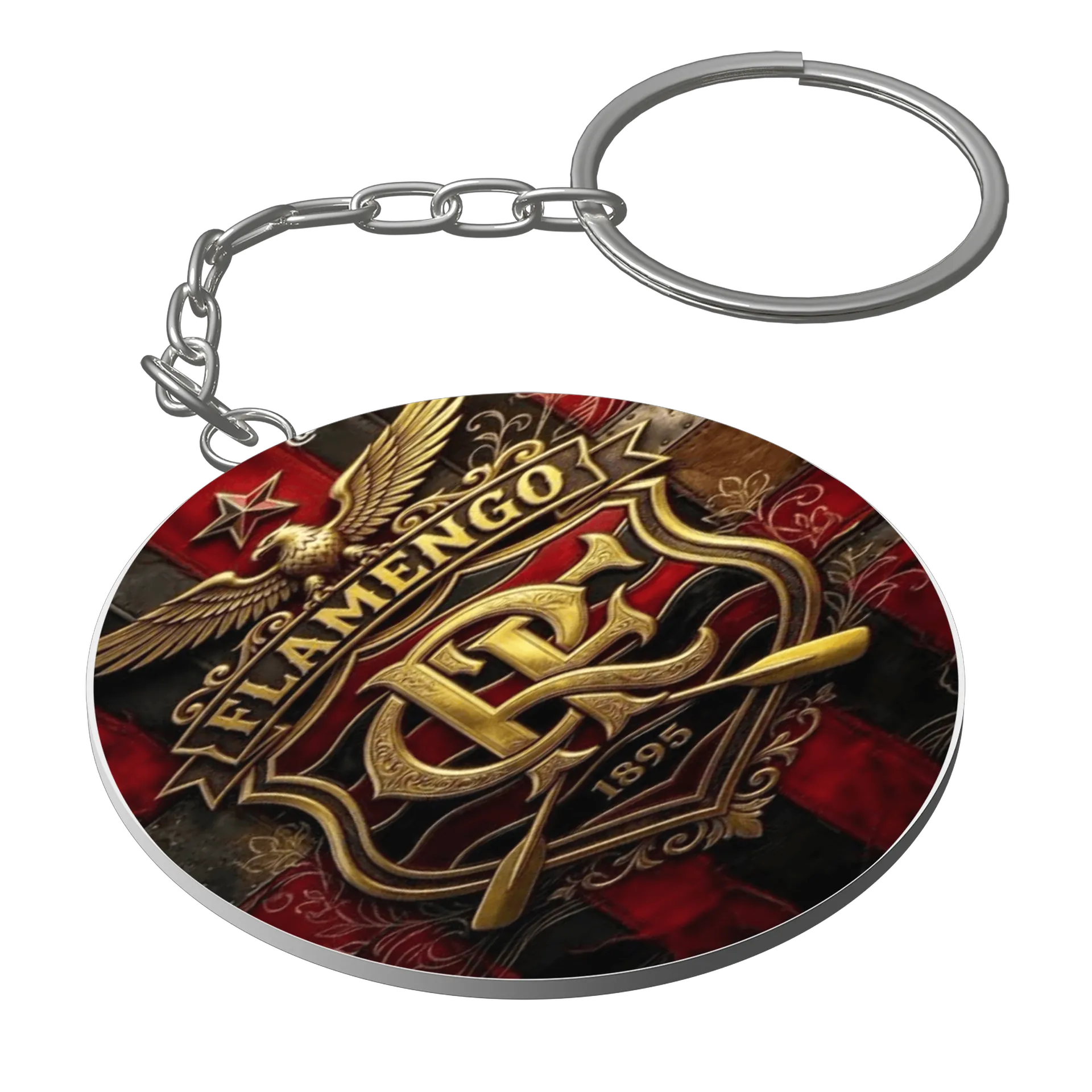 Chaveiro Flamengo Estilo Emblema Retrô Vermelho e Dourado - Imagem 1