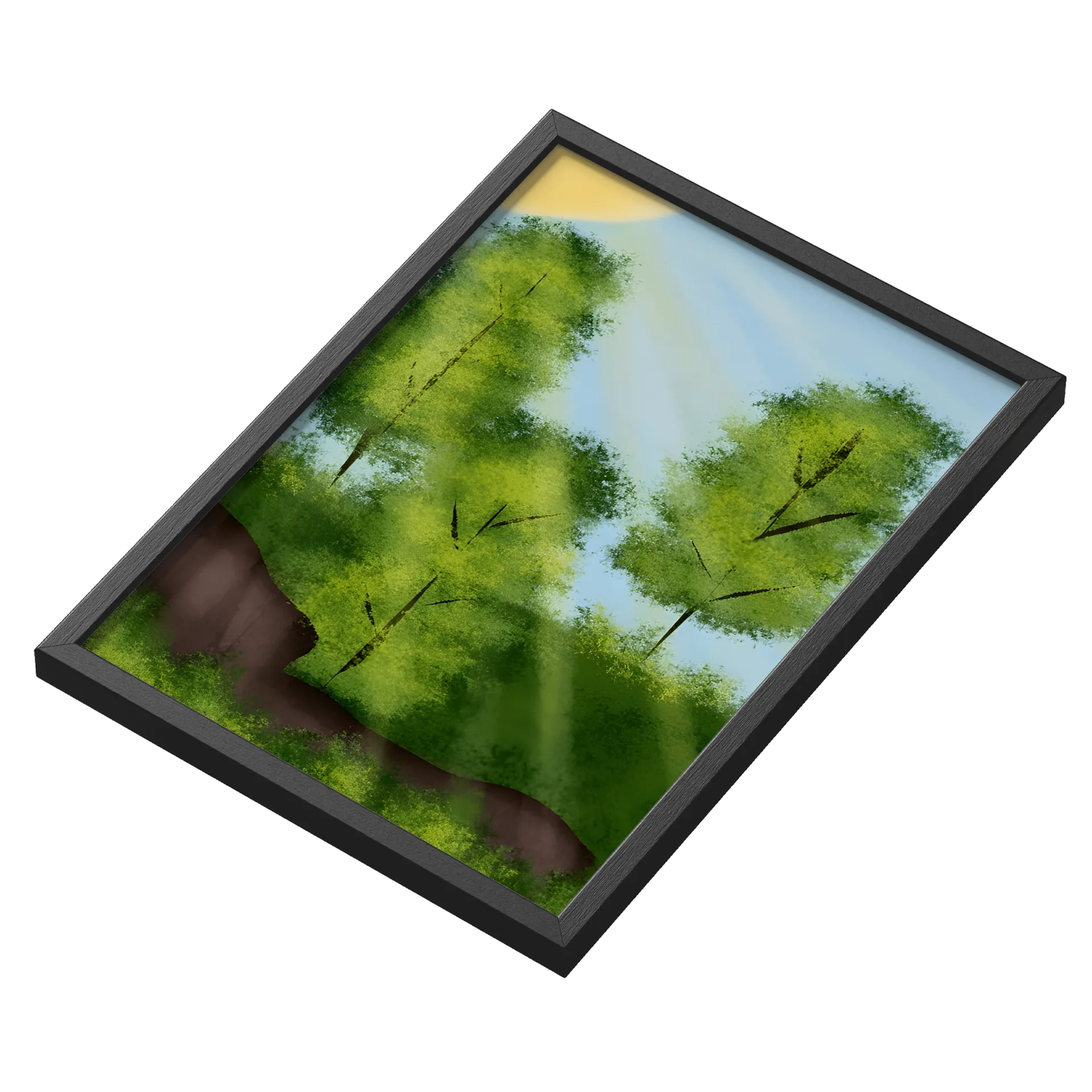 Quadro Paisagem com Árvores Verdes e Sol A3 MDF e Vidro - Imagem 3