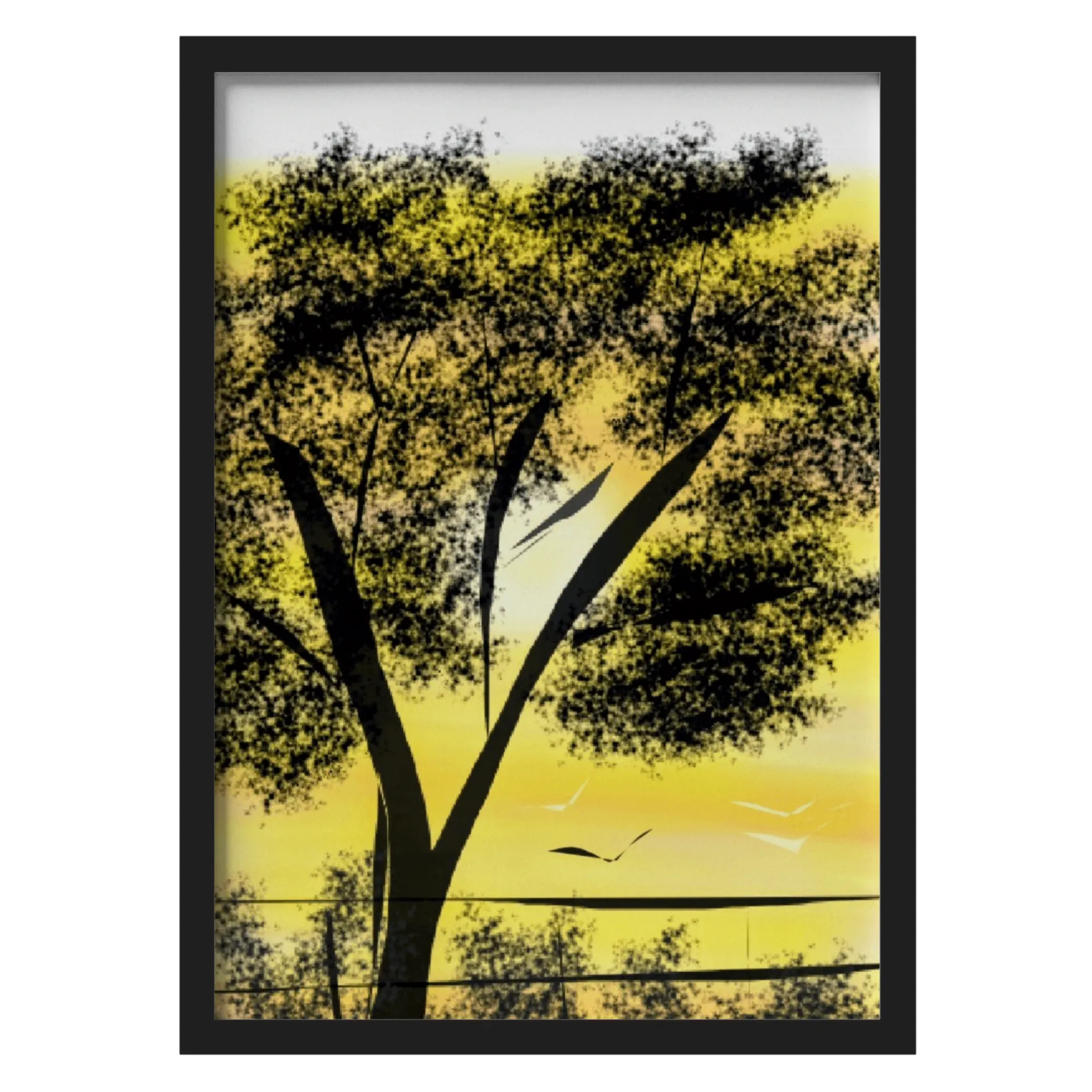 Quadro Paisagem Abstrata Árvores Pretas Amarelas A3 - Imagem 1