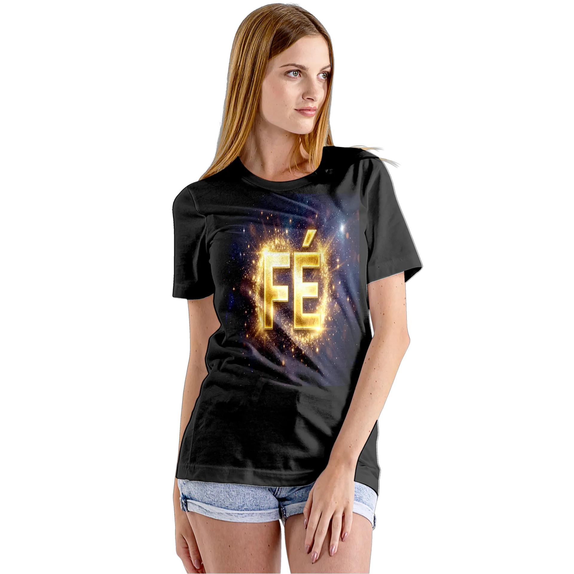Camiseta Babylook Logo FE Dourado Estrelas Cósmicas 100% - Imagem 5