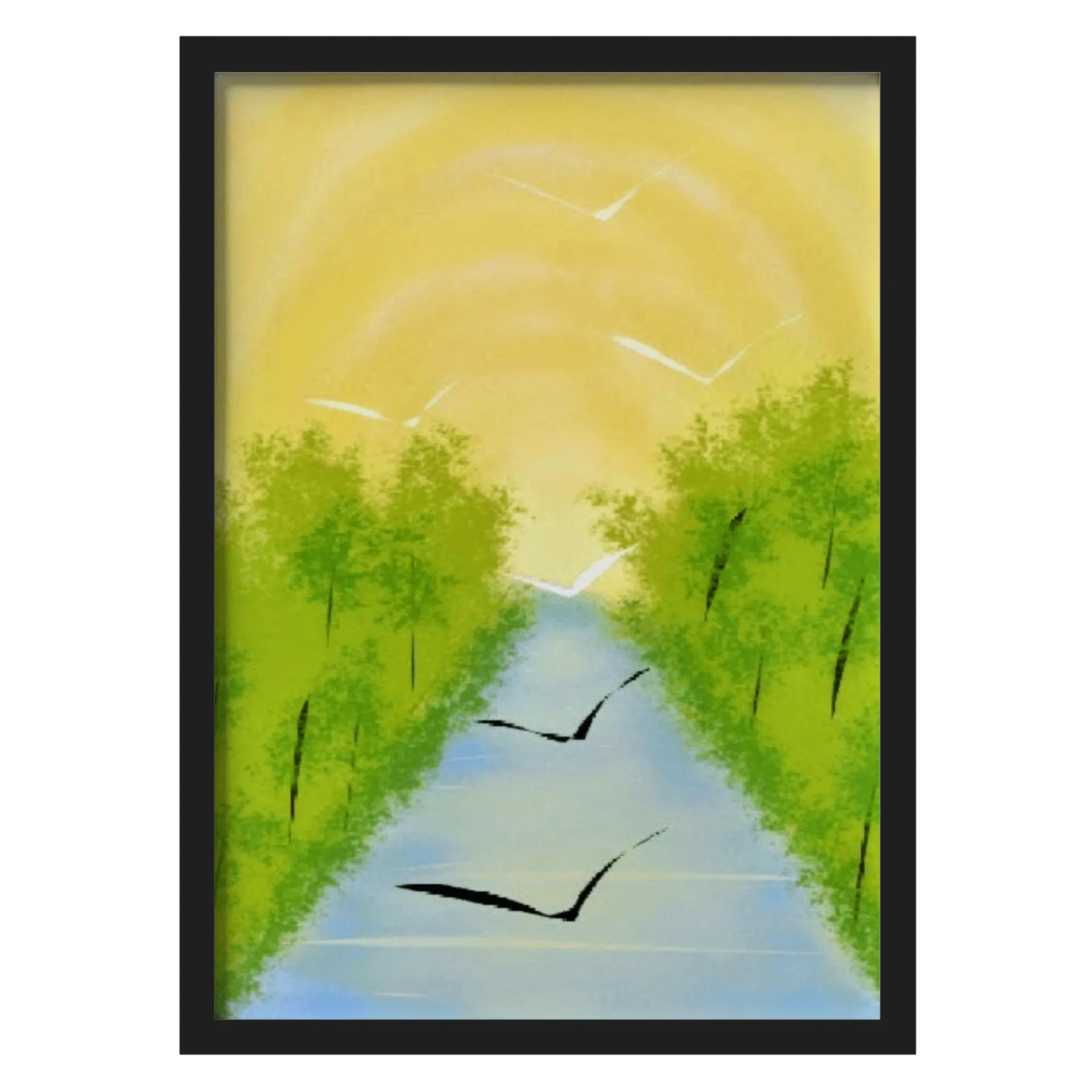 Quadro Paisagem de Rio e Floresta Verde A3 com Vidro - Imagem 1