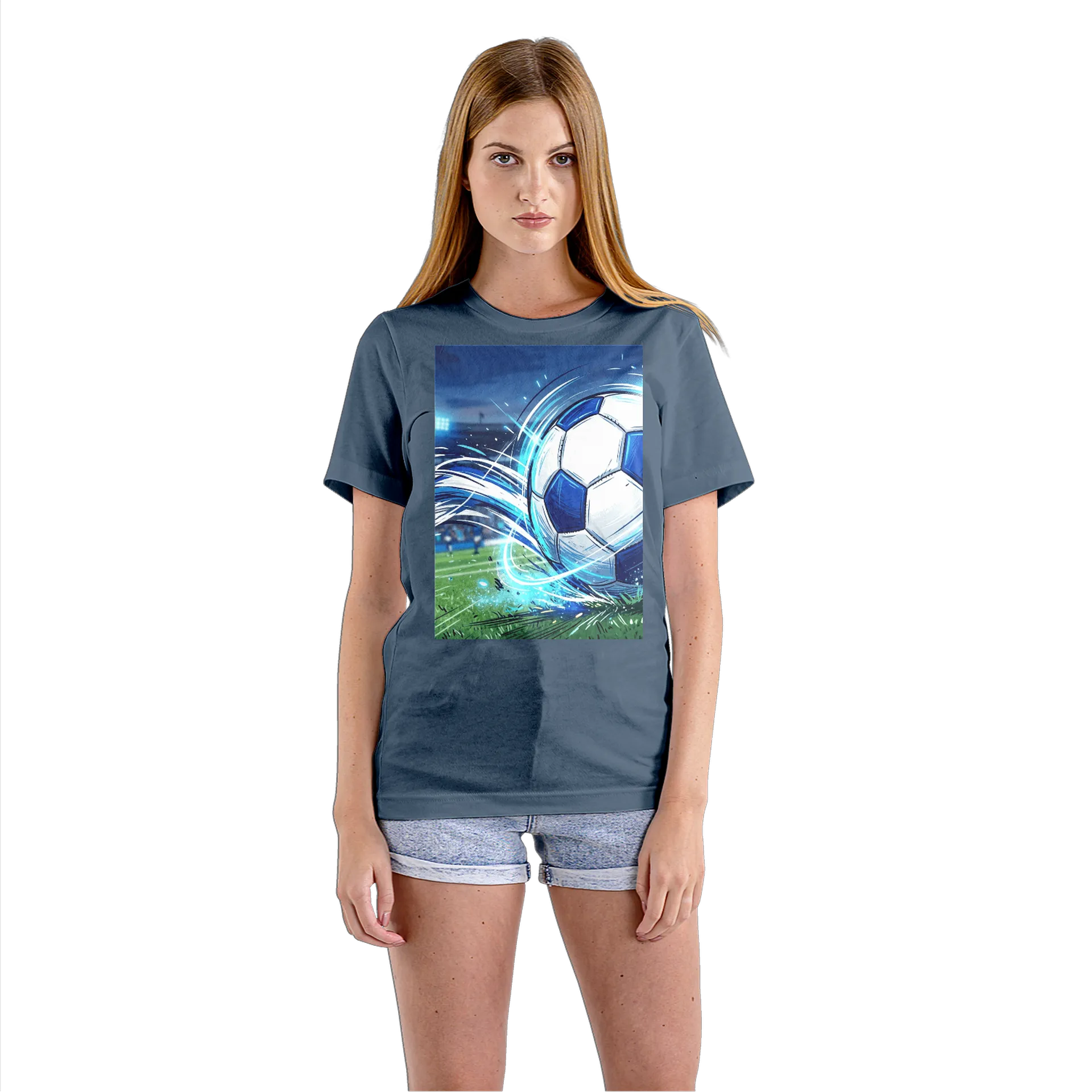Camiseta Babylook Bola de Futebol Azul e Branca 100% Algodão - Imagem 3