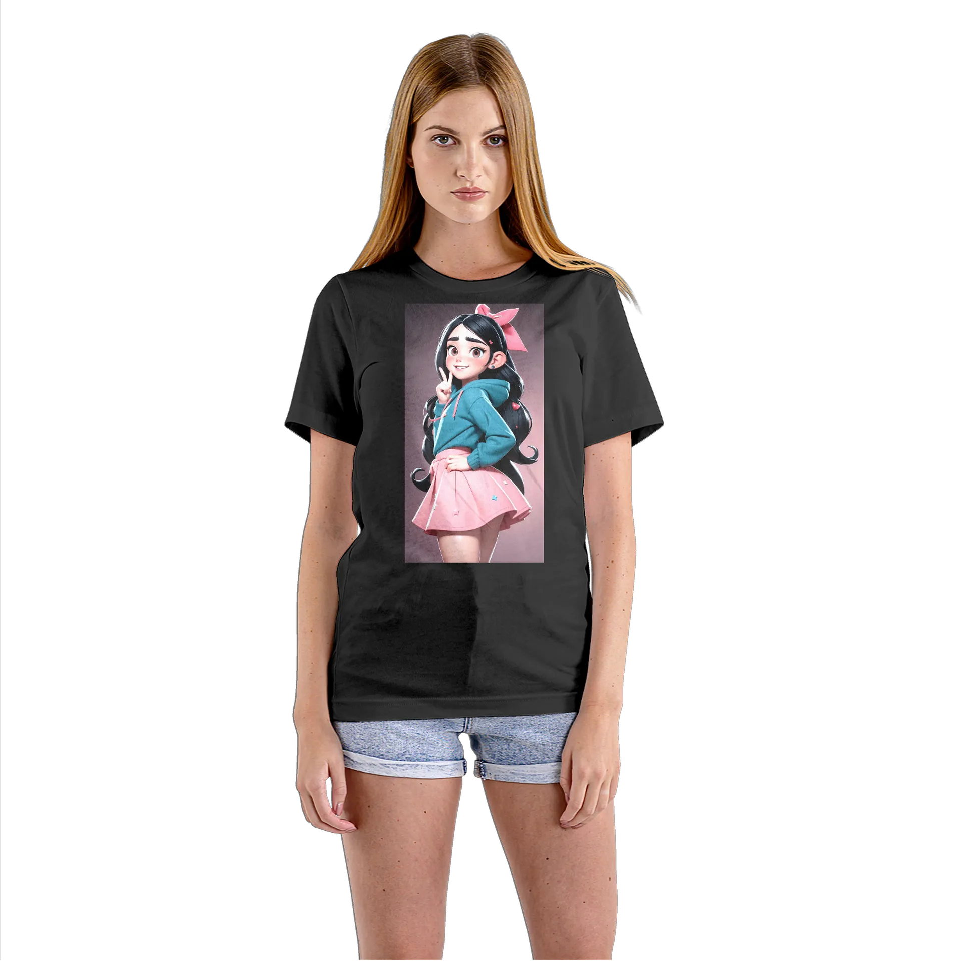 Camiseta Babylook Garota Cartoon de Cabelo Preto 100% - Imagem 3