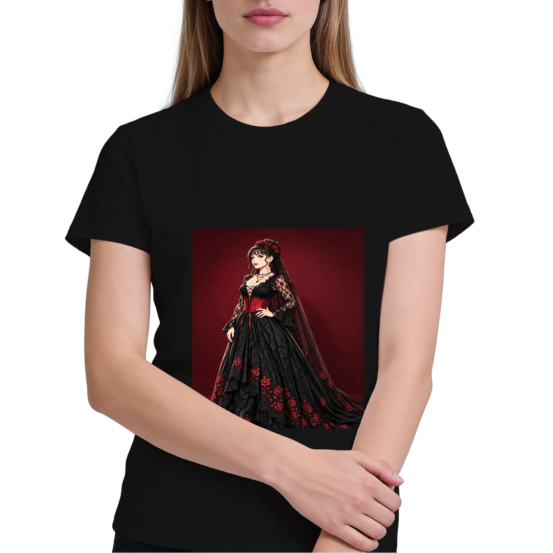 Camiseta Fantasia Negra Com Rosas Vermelhas 100% Algodão - Imagem 4