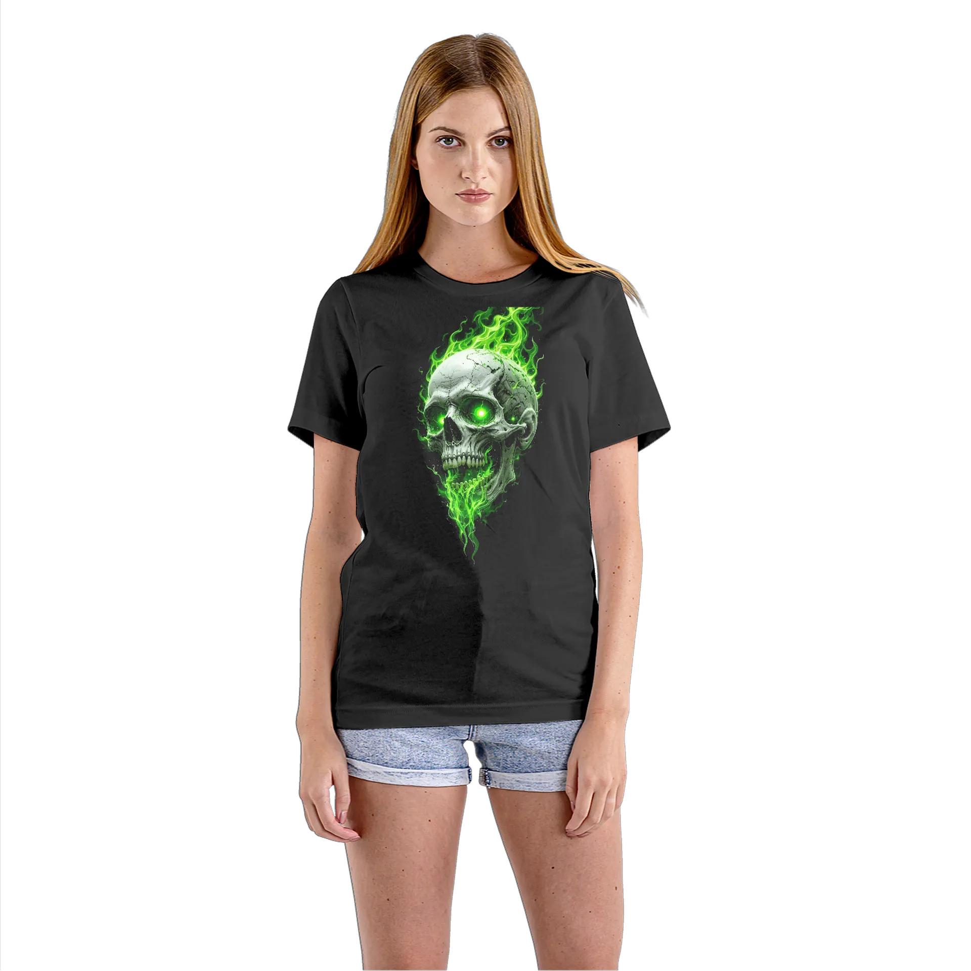 Camiseta Babylook Caveira com Chamas Verdes 100% Algodão - Imagem 3