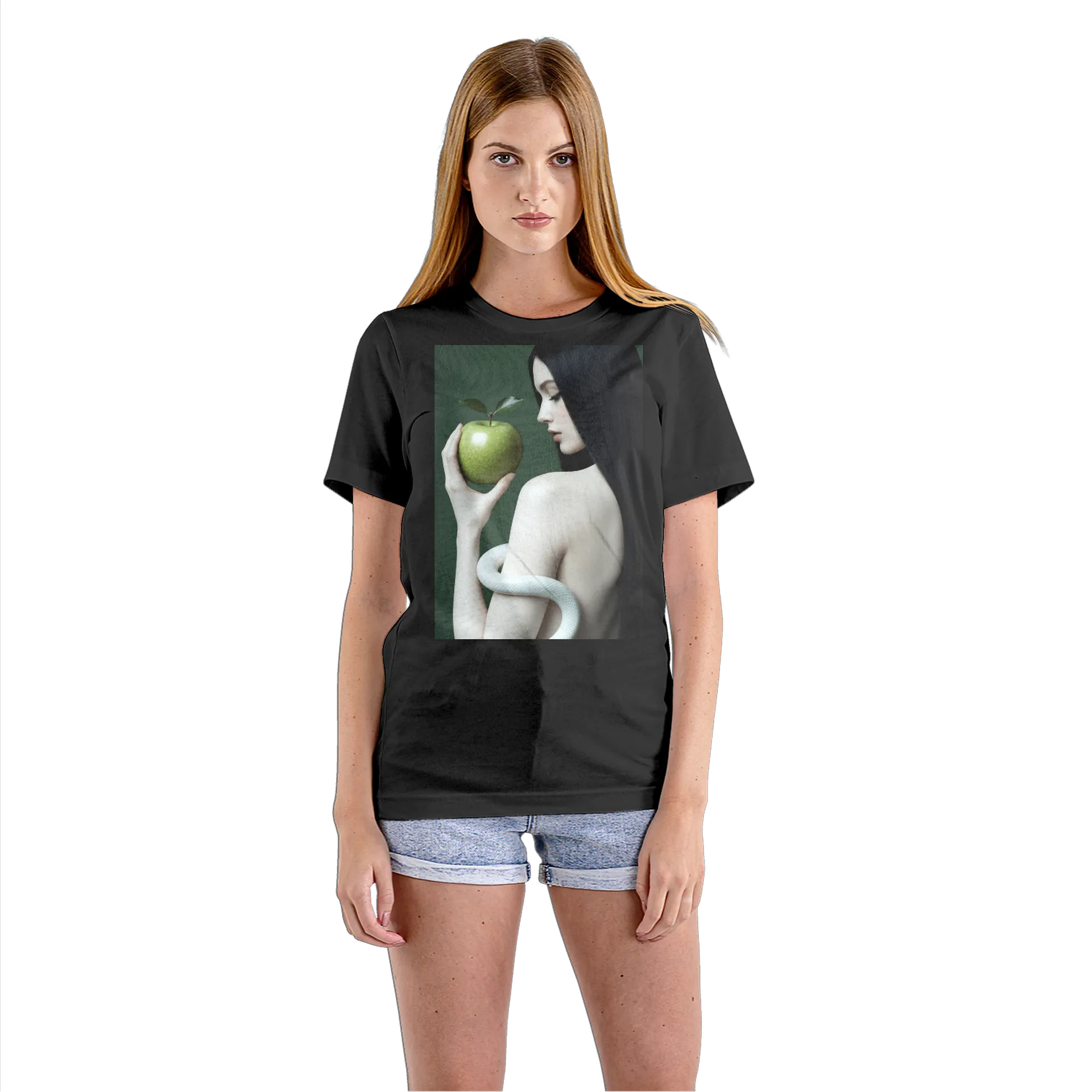 Camiseta Babylook Mulher com Maçã Verde e Serpente Branca - Imagem 3