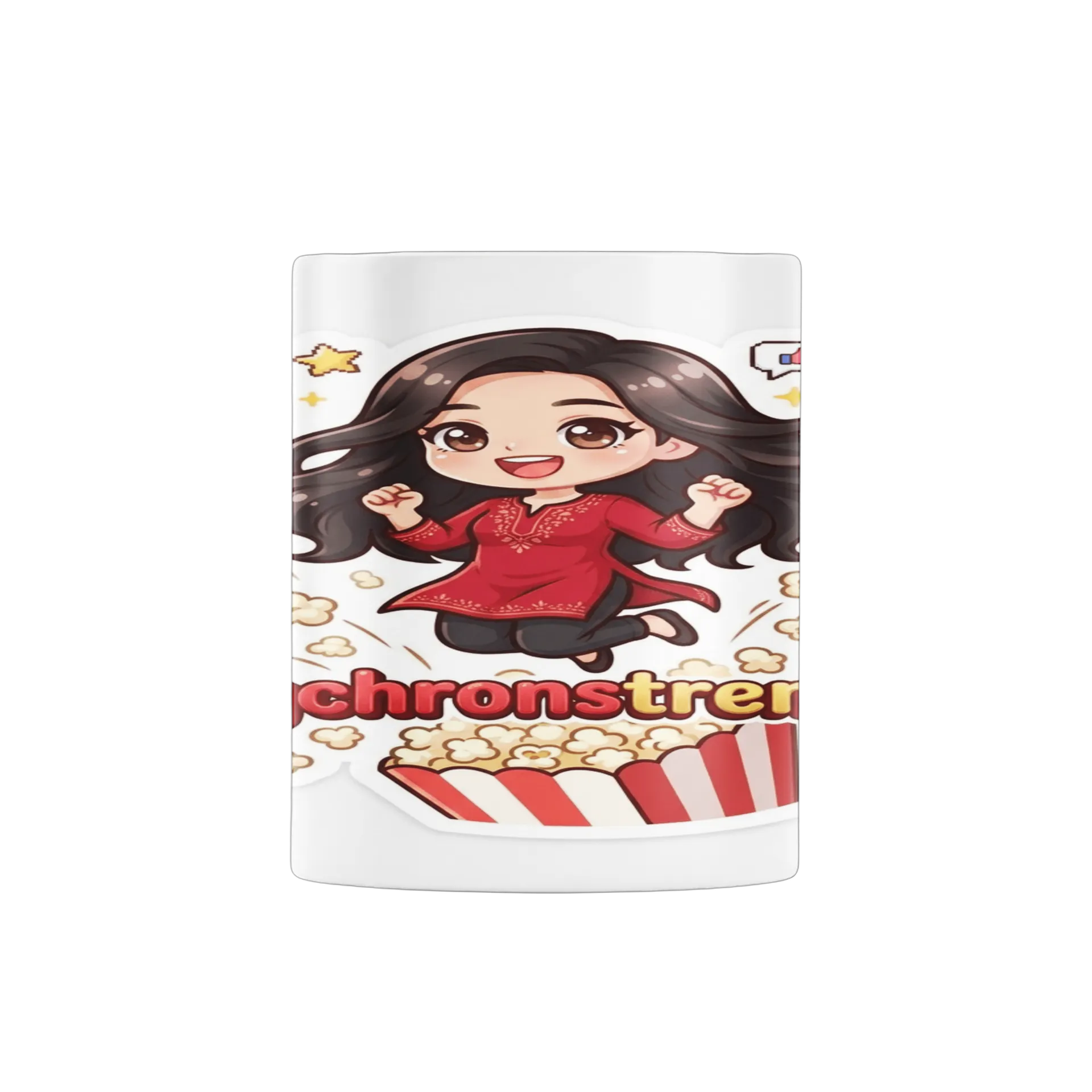 Caneca Streamer Chibi com Pipoca e Balões de Live 325ml - Imagem 1