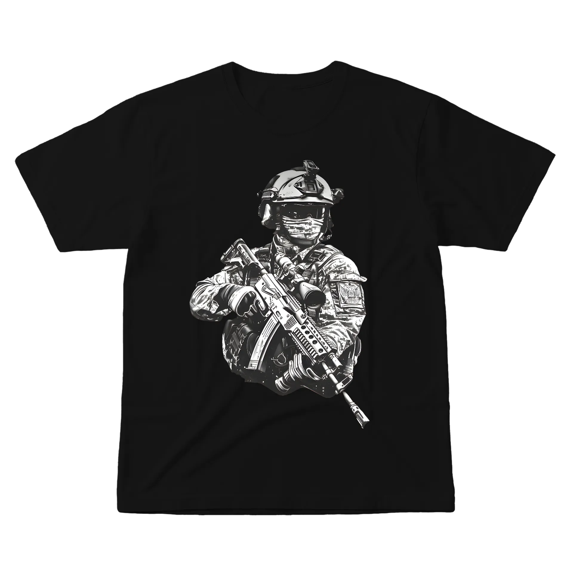 Camiseta Soldado Tático em Preto e Branco 100% Algodão - Imagem 1