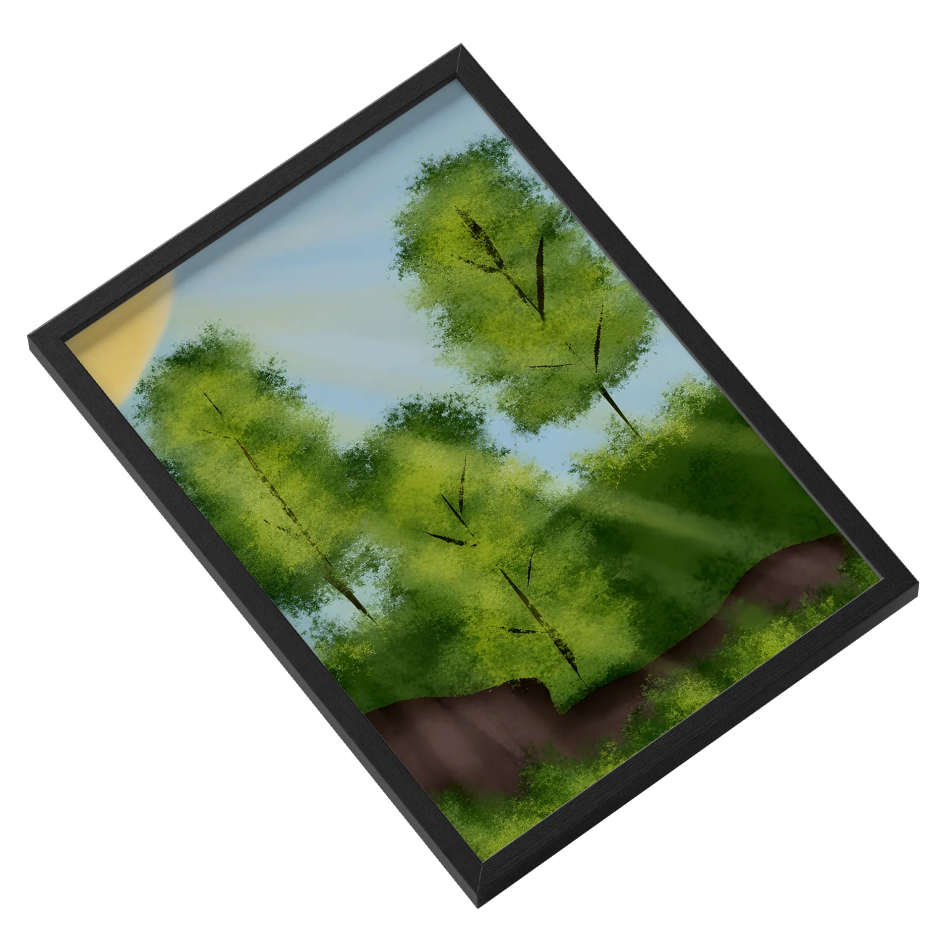 Quadro Paisagem com Árvores Verdes e Sol A3 MDF e Vidro - Imagem 2