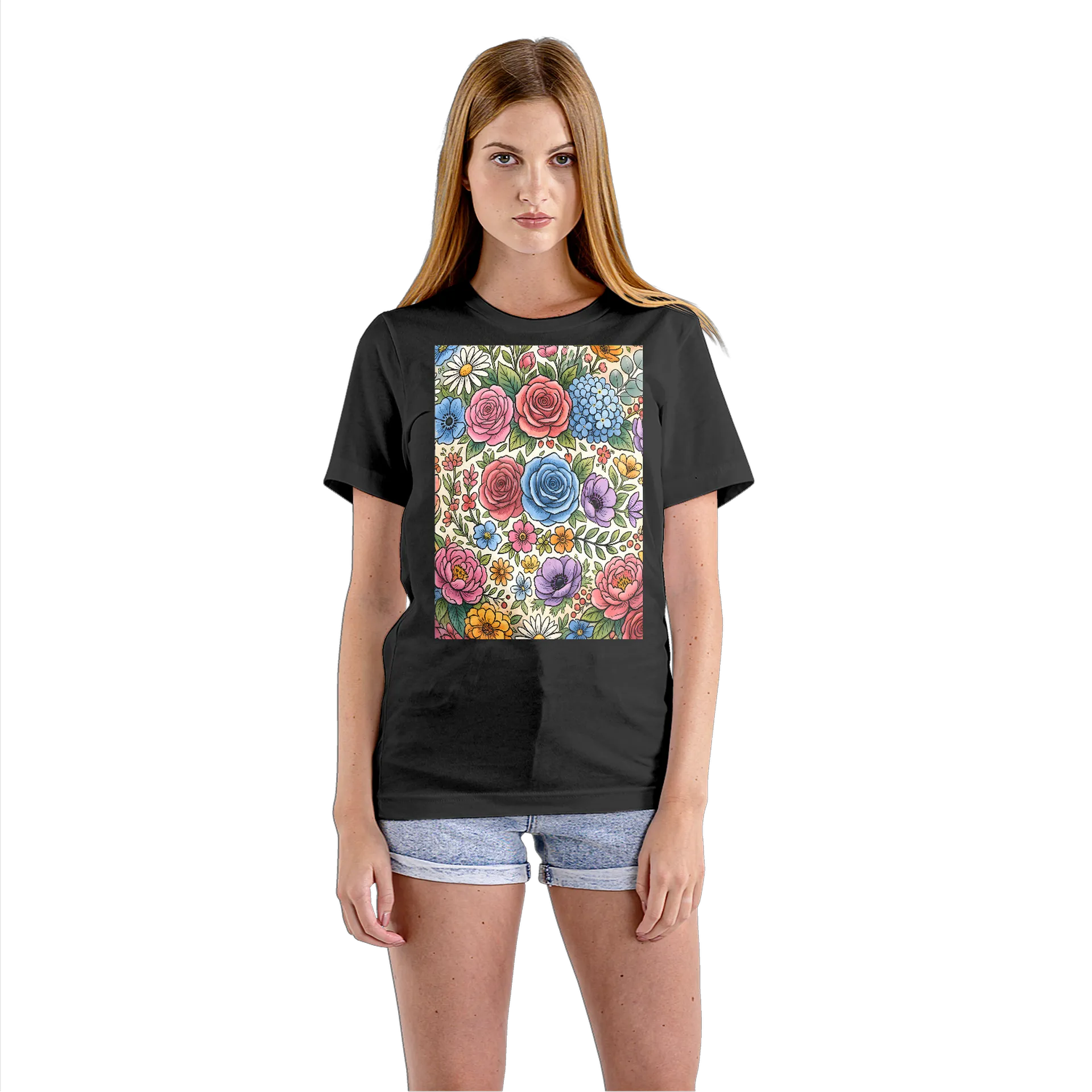 Camiseta Babylook Estampa Floral Rosas Coloridas 100% - Imagem 3