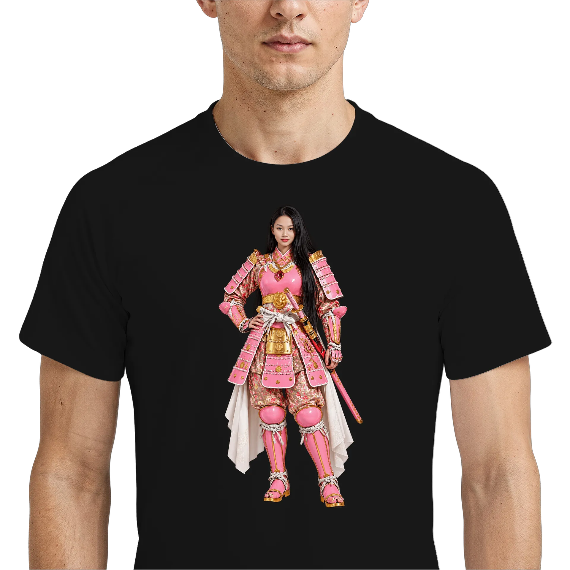 Camiseta Dry Fit Samurai com Armadura Rosa e Dourada 100% - Imagem 4