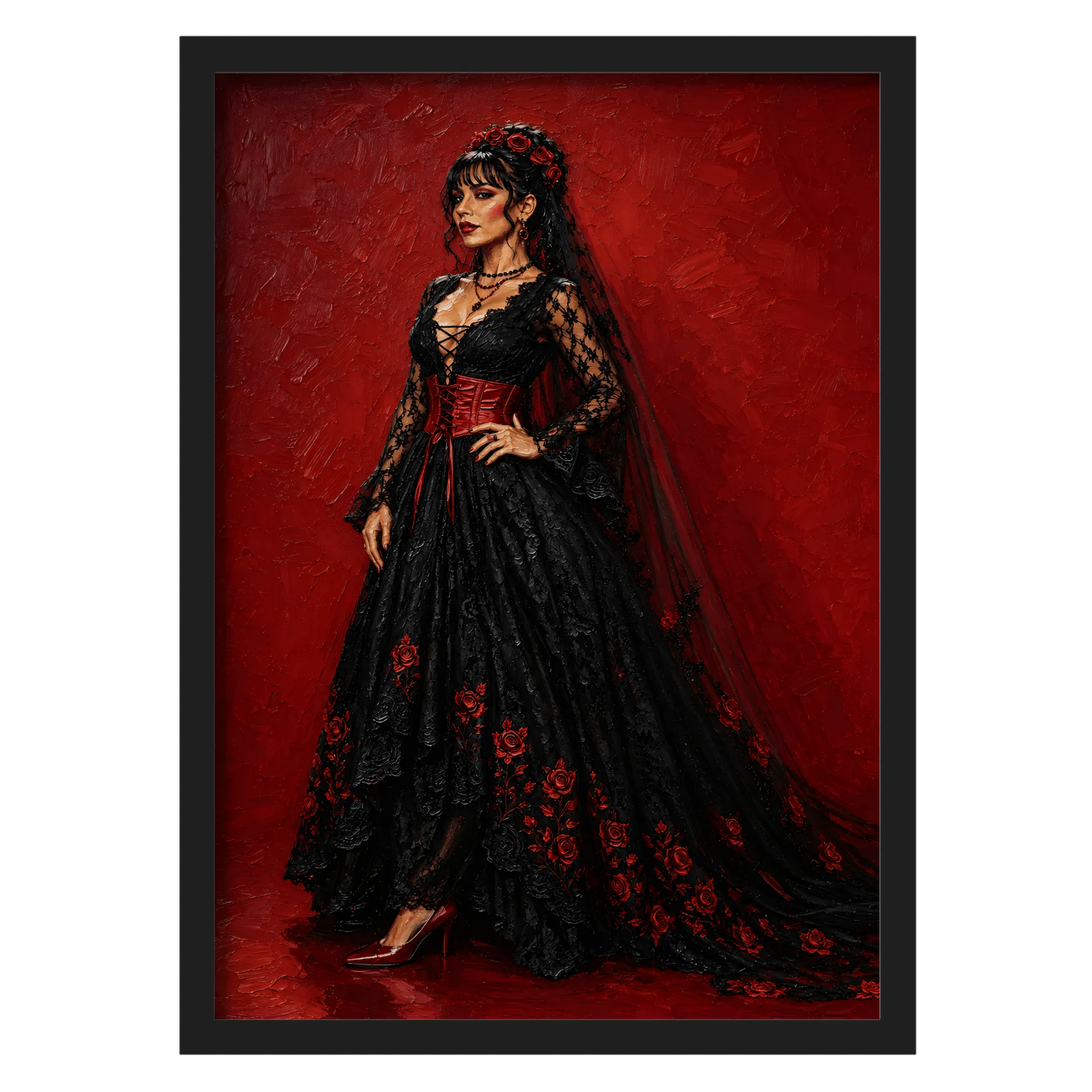 Quadro Mulher Gothic Flores Vermelhas A3 MDF e Vidro - Imagem 1
