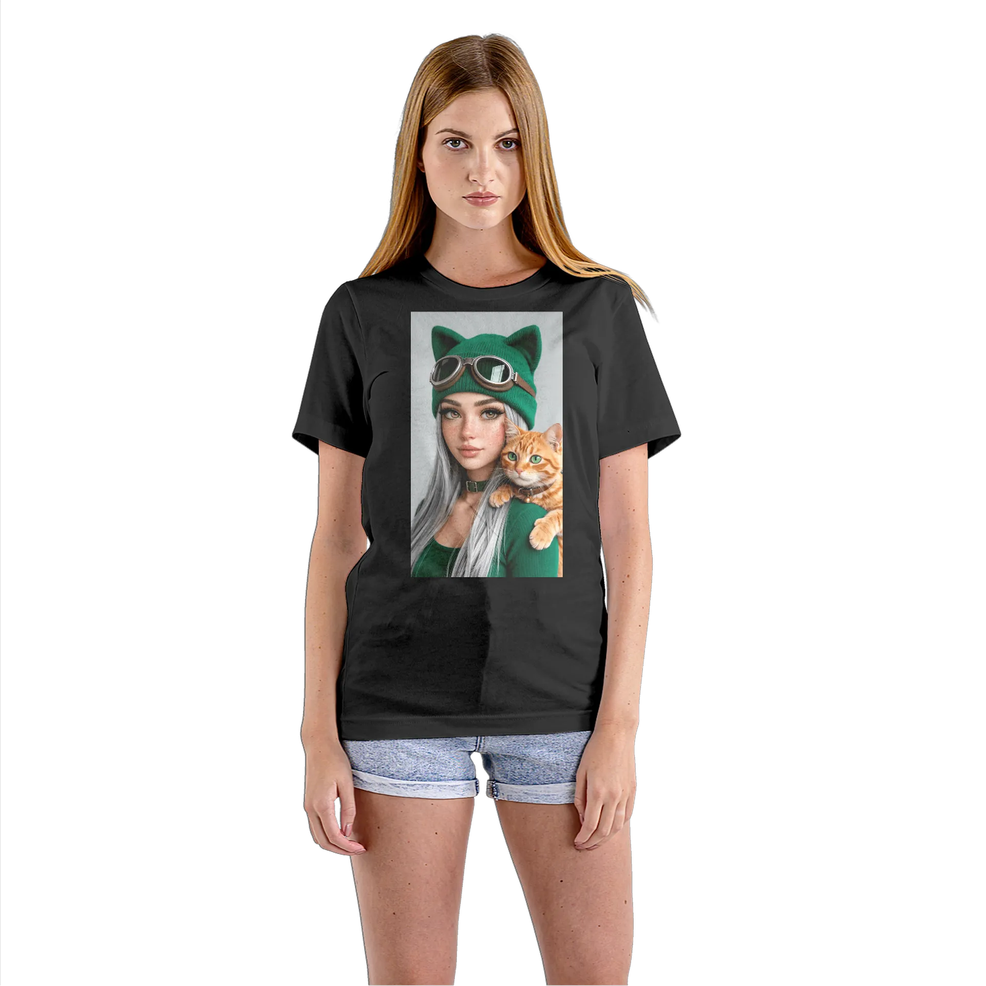 Camiseta Babylook Mulher e Gato Laranja 100% Algodão - Imagem 3