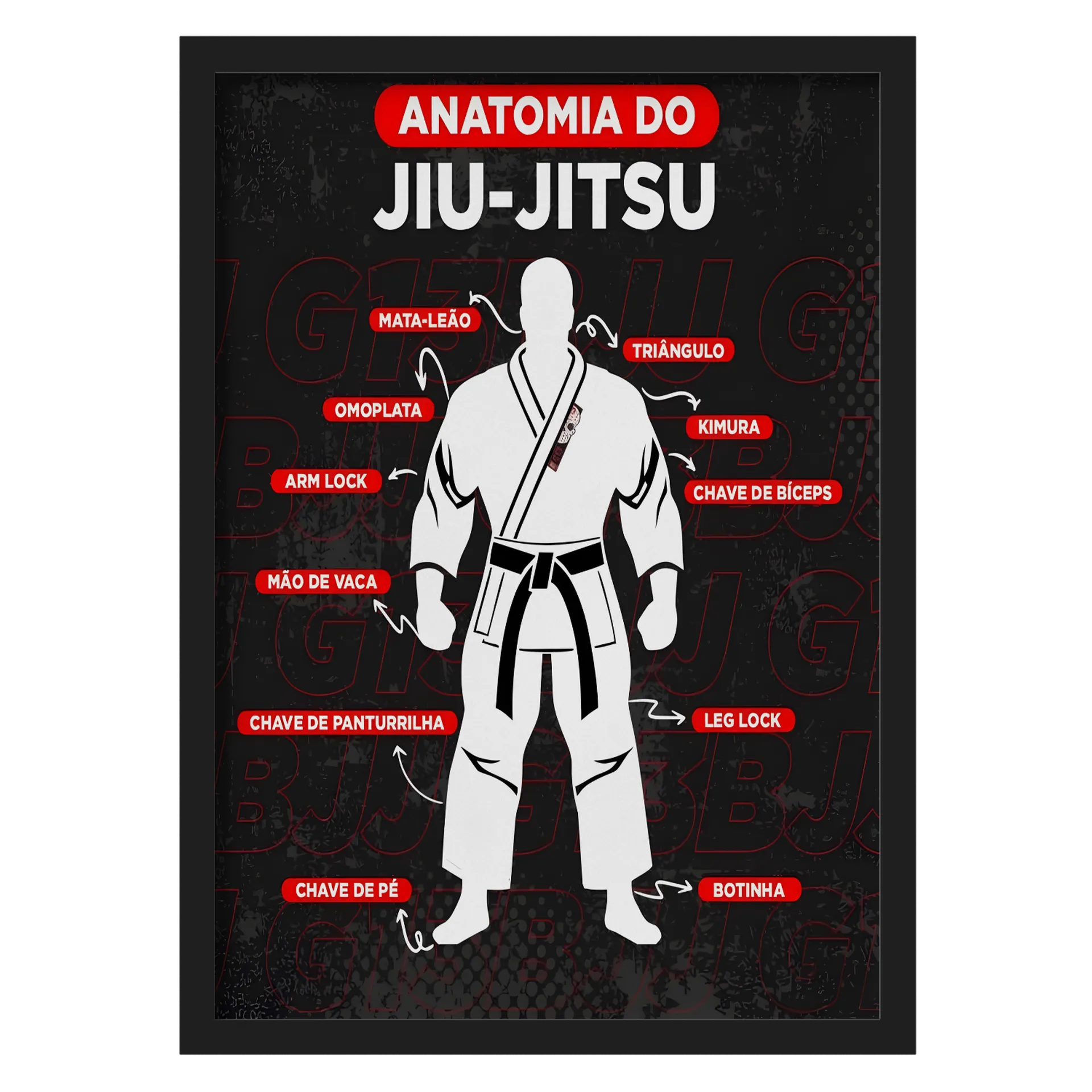 Quadro Anatomia do Jiu-Jitsu Tipográfico A3 com Vidro - Imagem 1