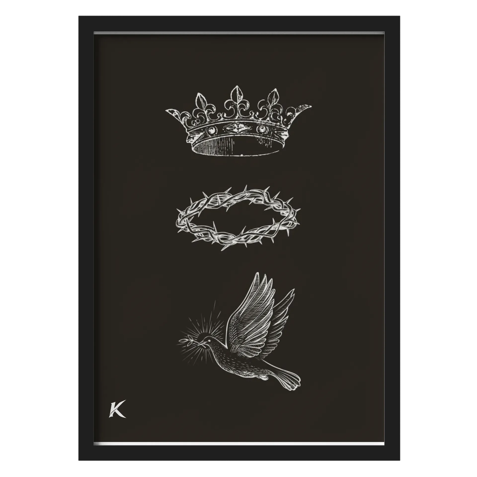 Quadro Coroa Espinhos Pássaro MDF e Vidro A3 de kock_ofc