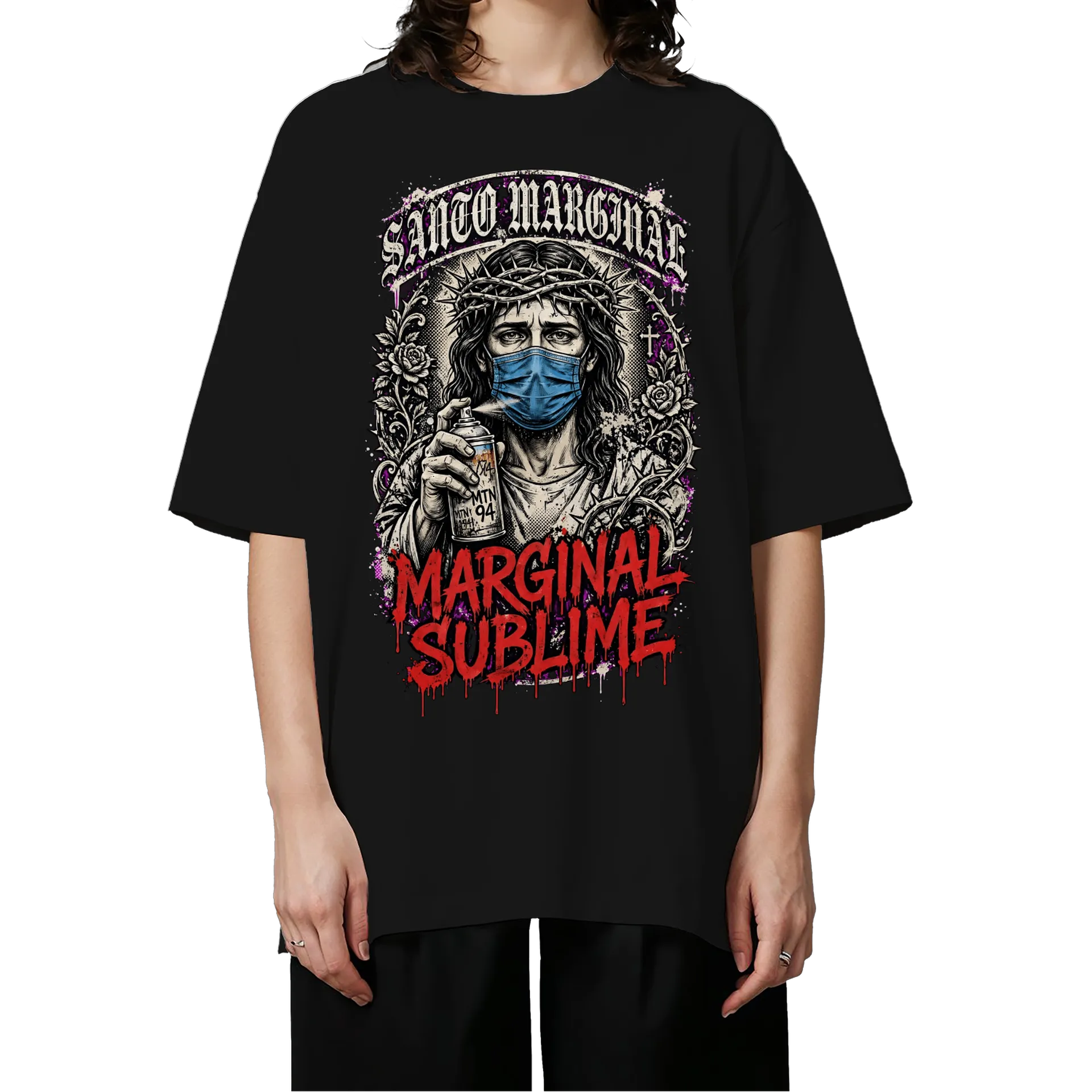 Camiseta Oversized Jesus de Máscara e Arte Grunge Marginal - Imagem 3