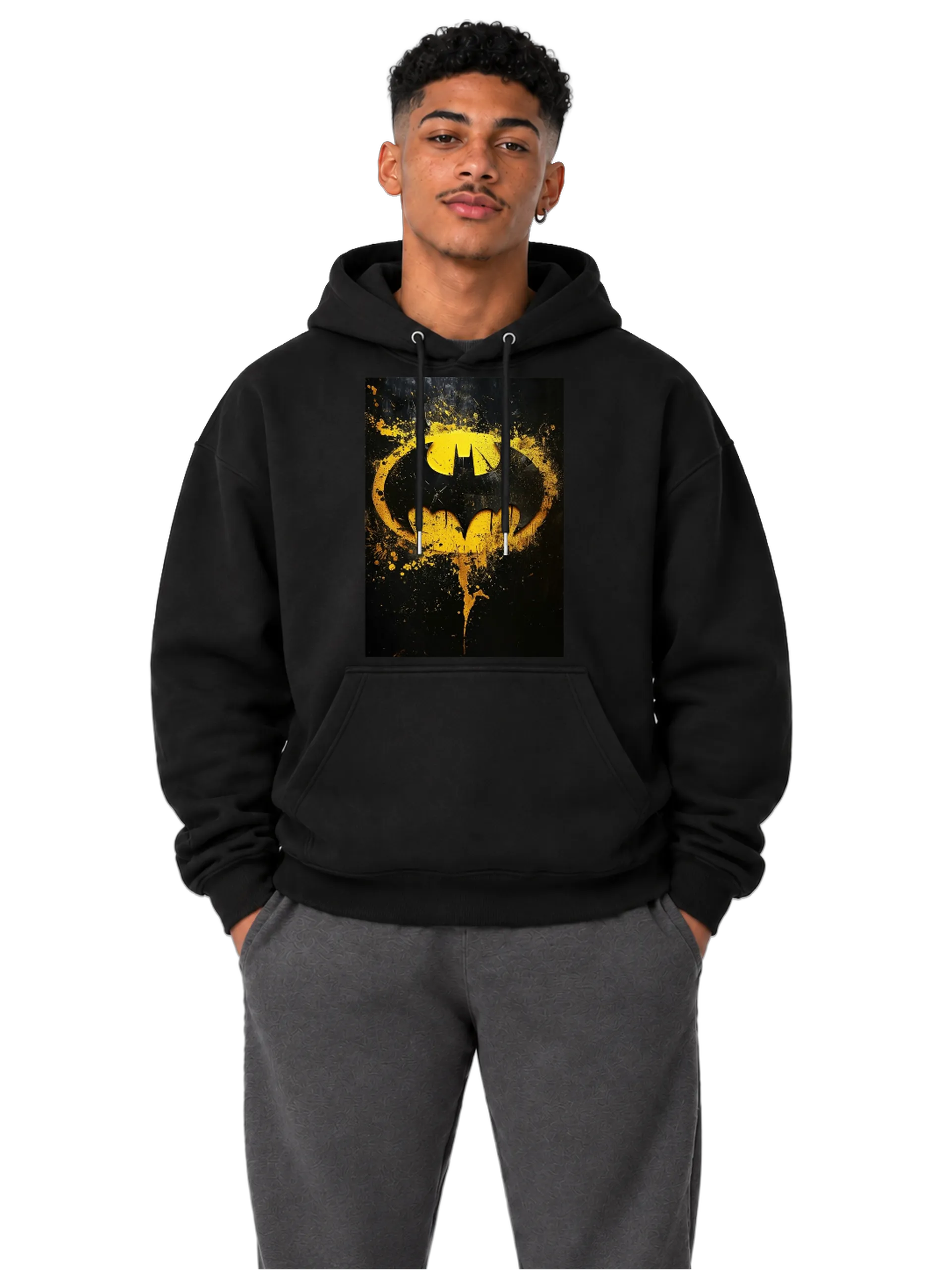 Blusa Moletom Canguru Batman Amarelo Estilo Grunge Preta - Imagem 3