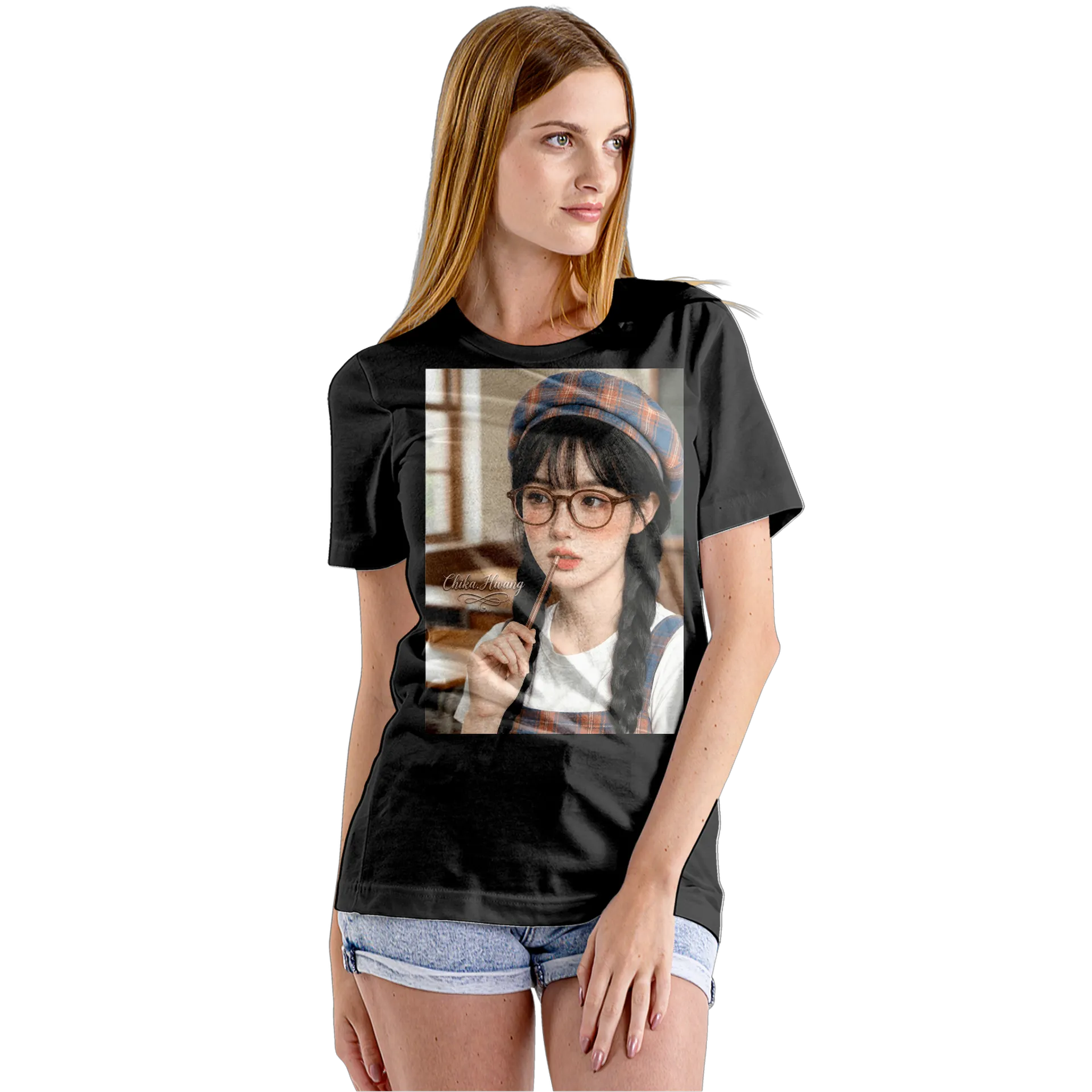 Camiseta Babylook Retrato Ilustrado Chika Hwang Xadrez - Imagem 5