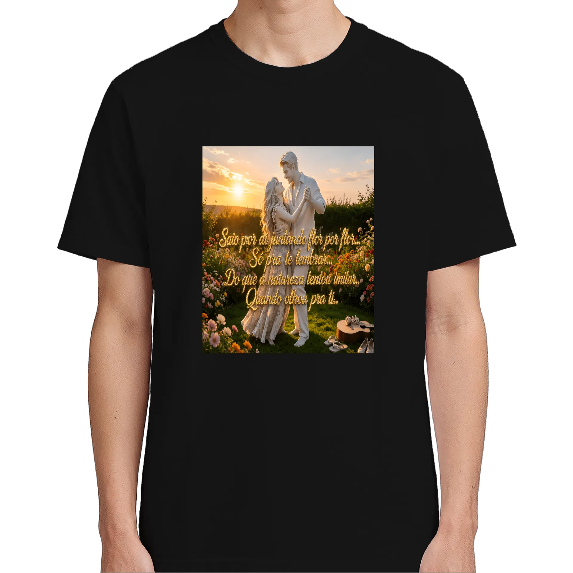 Camiseta Amores ao entardecer Estampa floral dourada 100% - Imagem 4