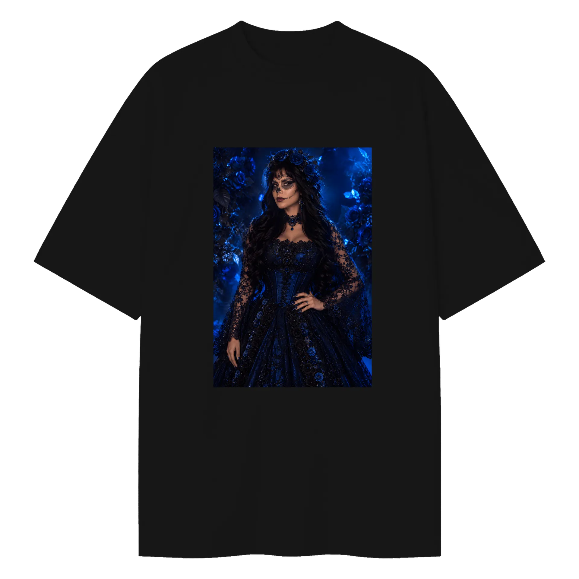 Camiseta Oversized Mulher com Maquiagem Artística e Rosas - Imagem 1