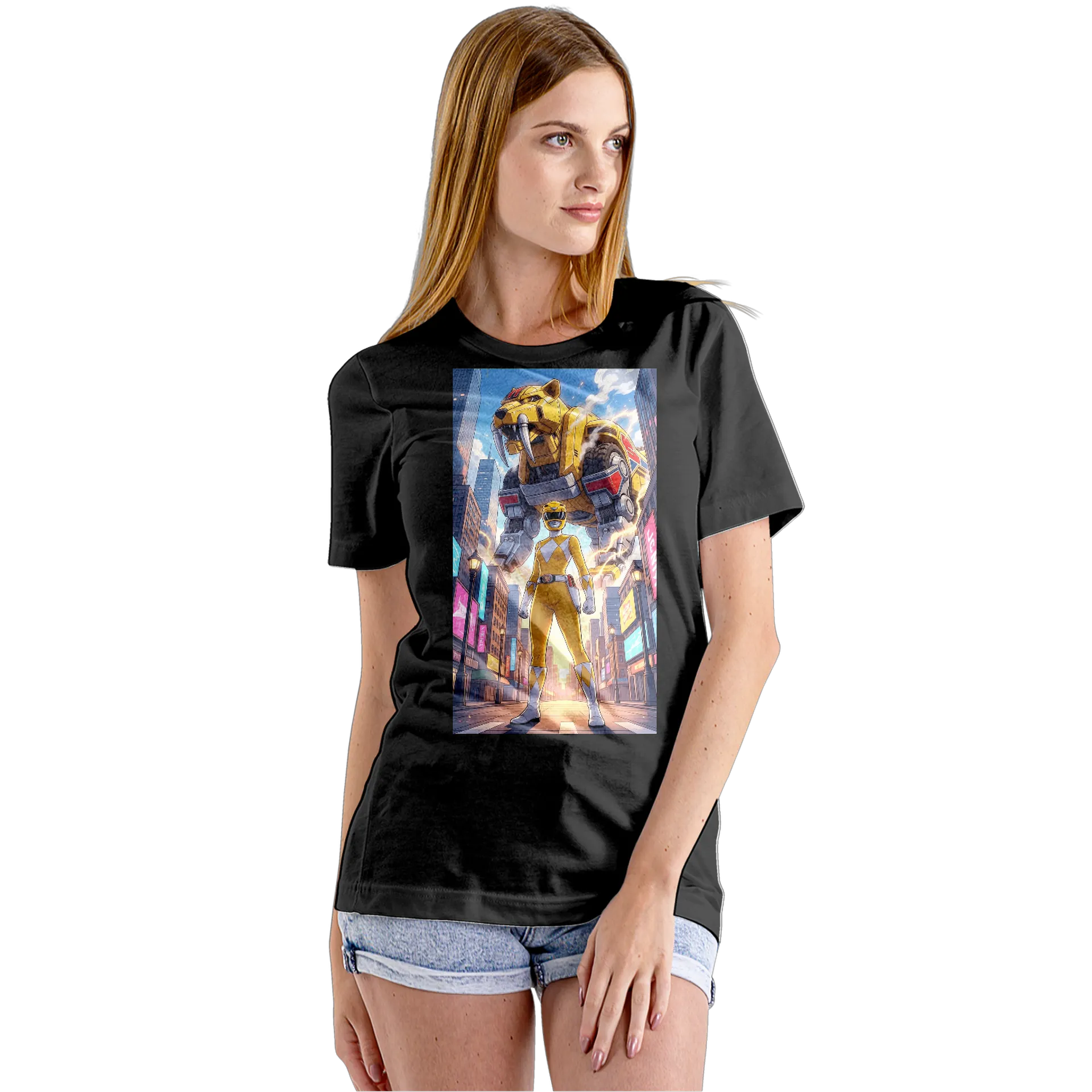 Camiseta Babylook Heroína Amarela com Robô Dinossauro 100% - Imagem 5