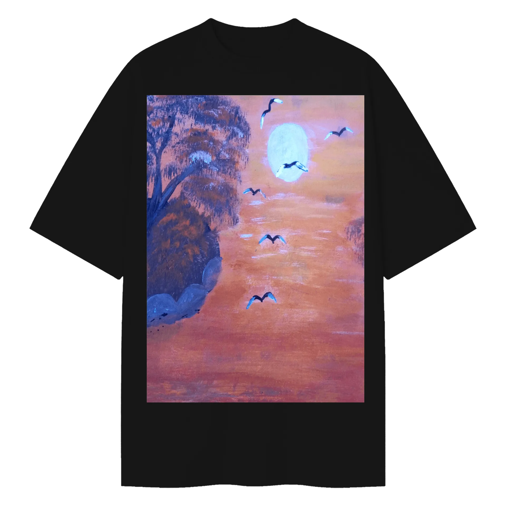 Camiseta Oversized Paisagem Pintada com Lua e Aves ao - Imagem 1