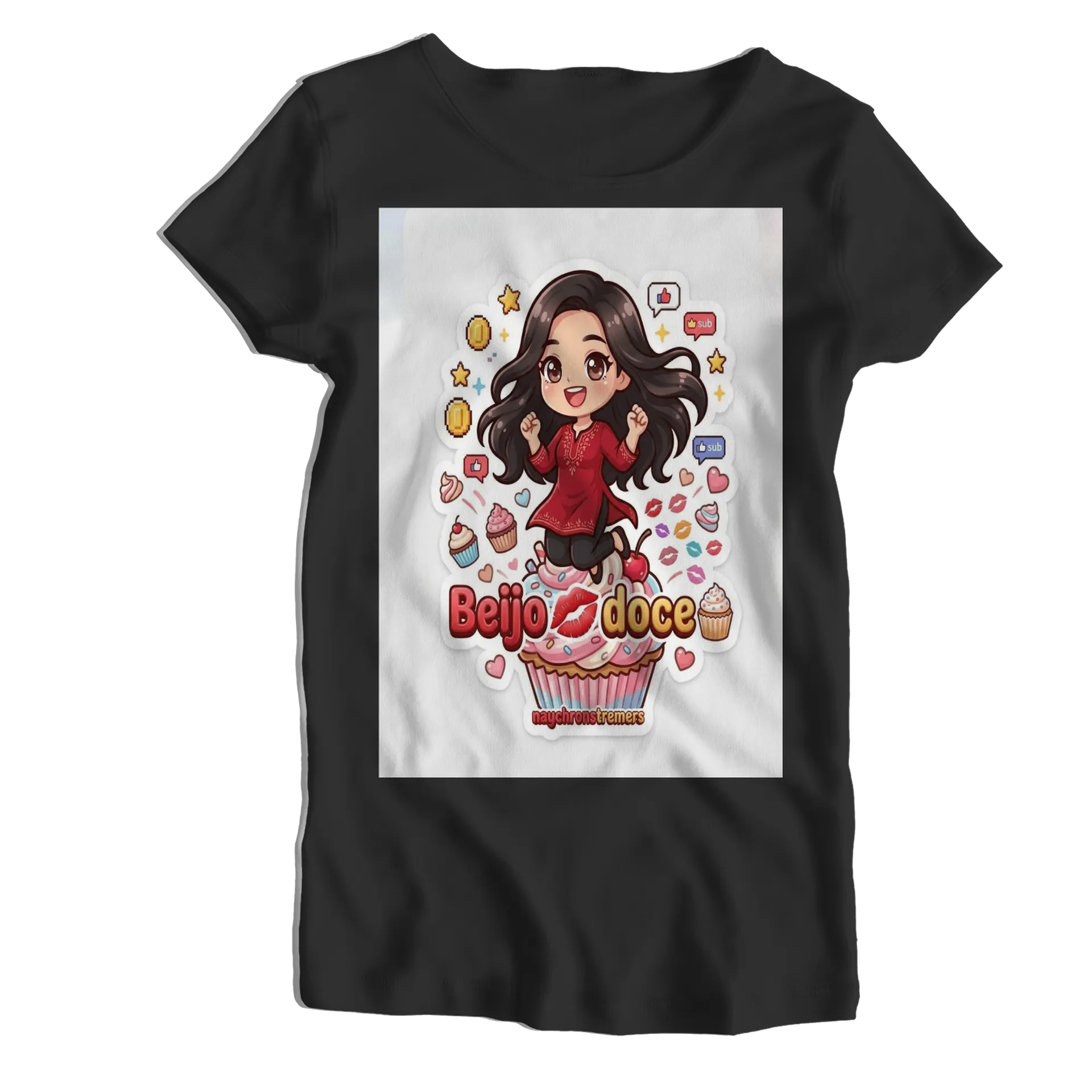 Camiseta Babylook Estampa Chibi Beijo Doce Cupcake 100% - Imagem 1