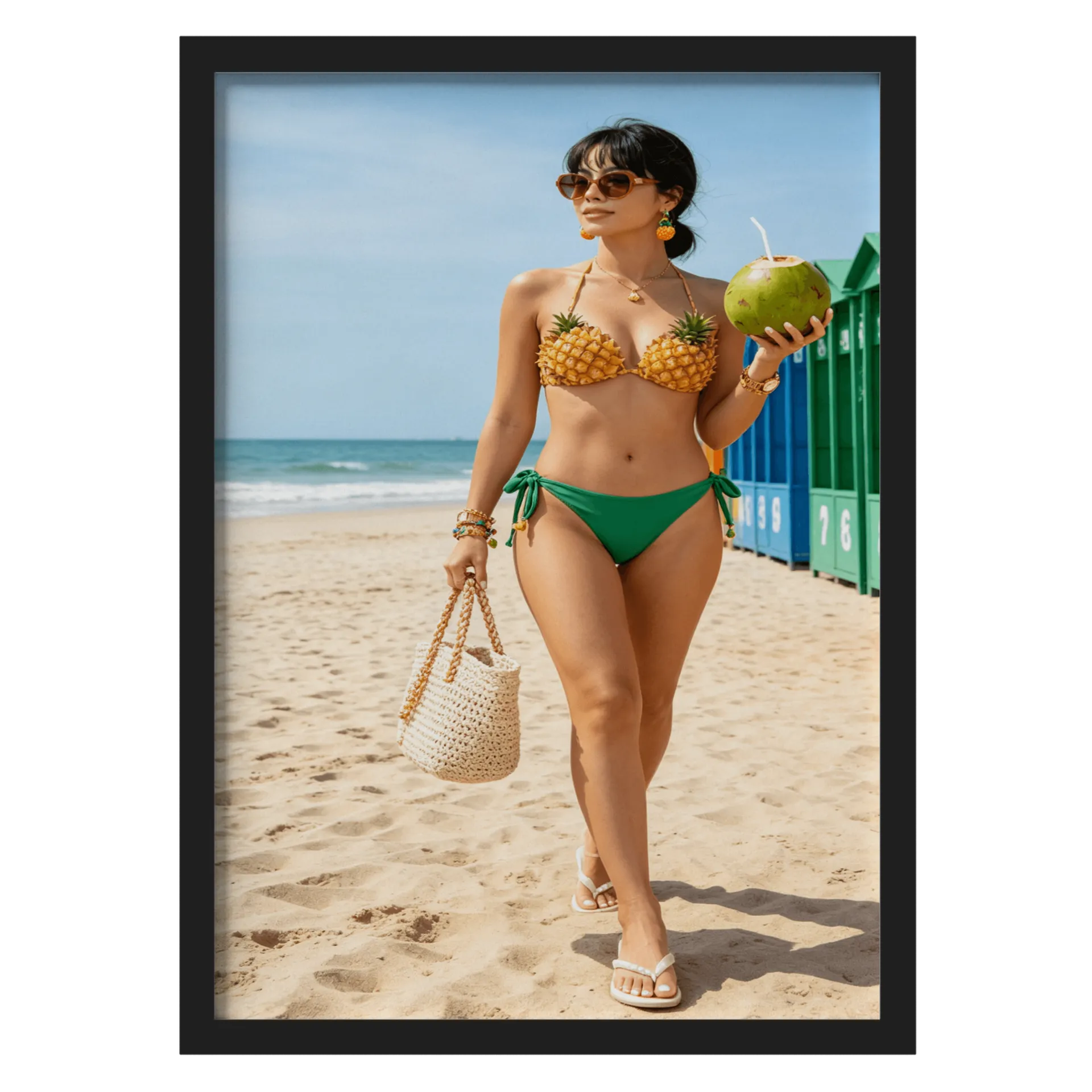 Quadro Praia Mulher Calçada Verde A3 MDF e Vidro - Imagem 1